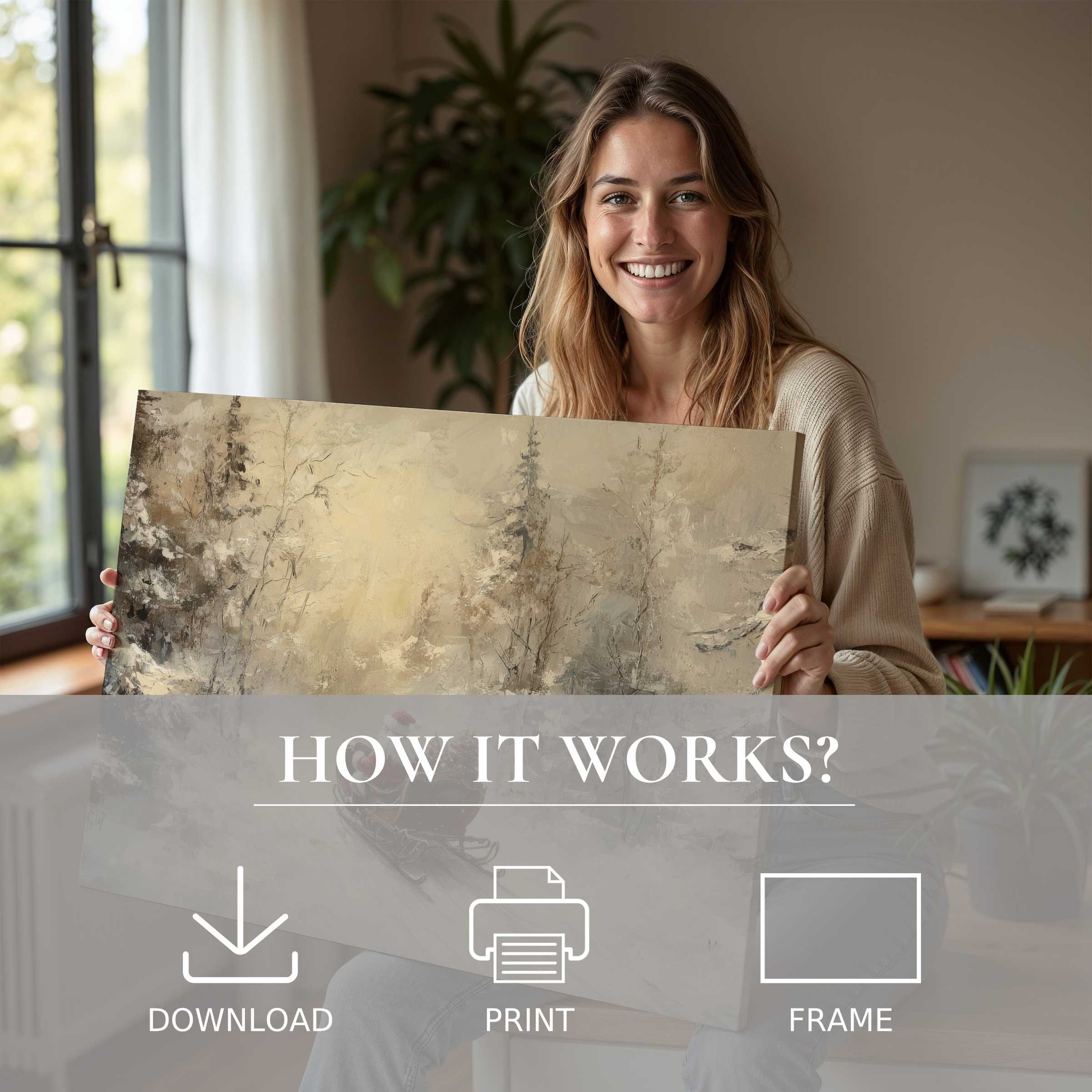 Warm, serene moment in a modern home, embracing the effortless grace of Christmas digital art print connection