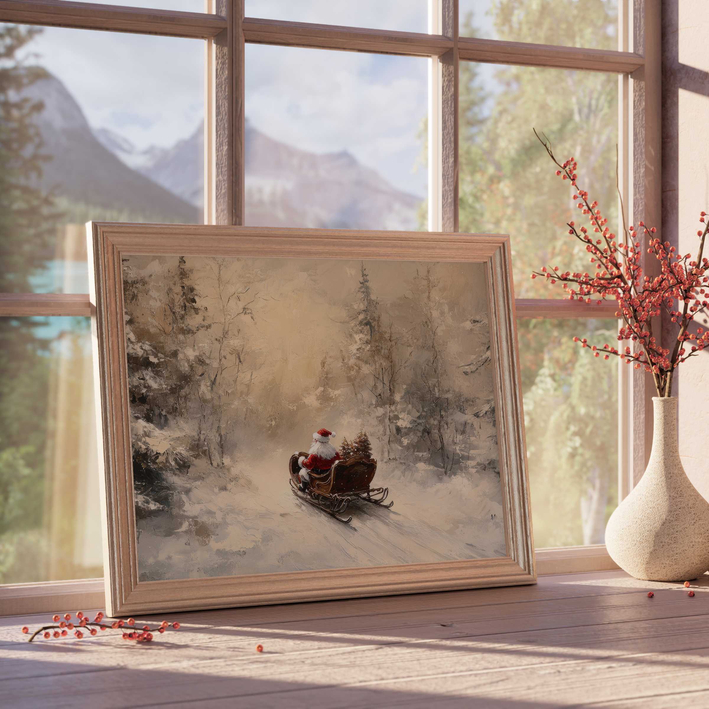 Christmas downloadable art capturing a serene snowy forest with Santa’s sleigh, elevating tranquil, curated home interiors