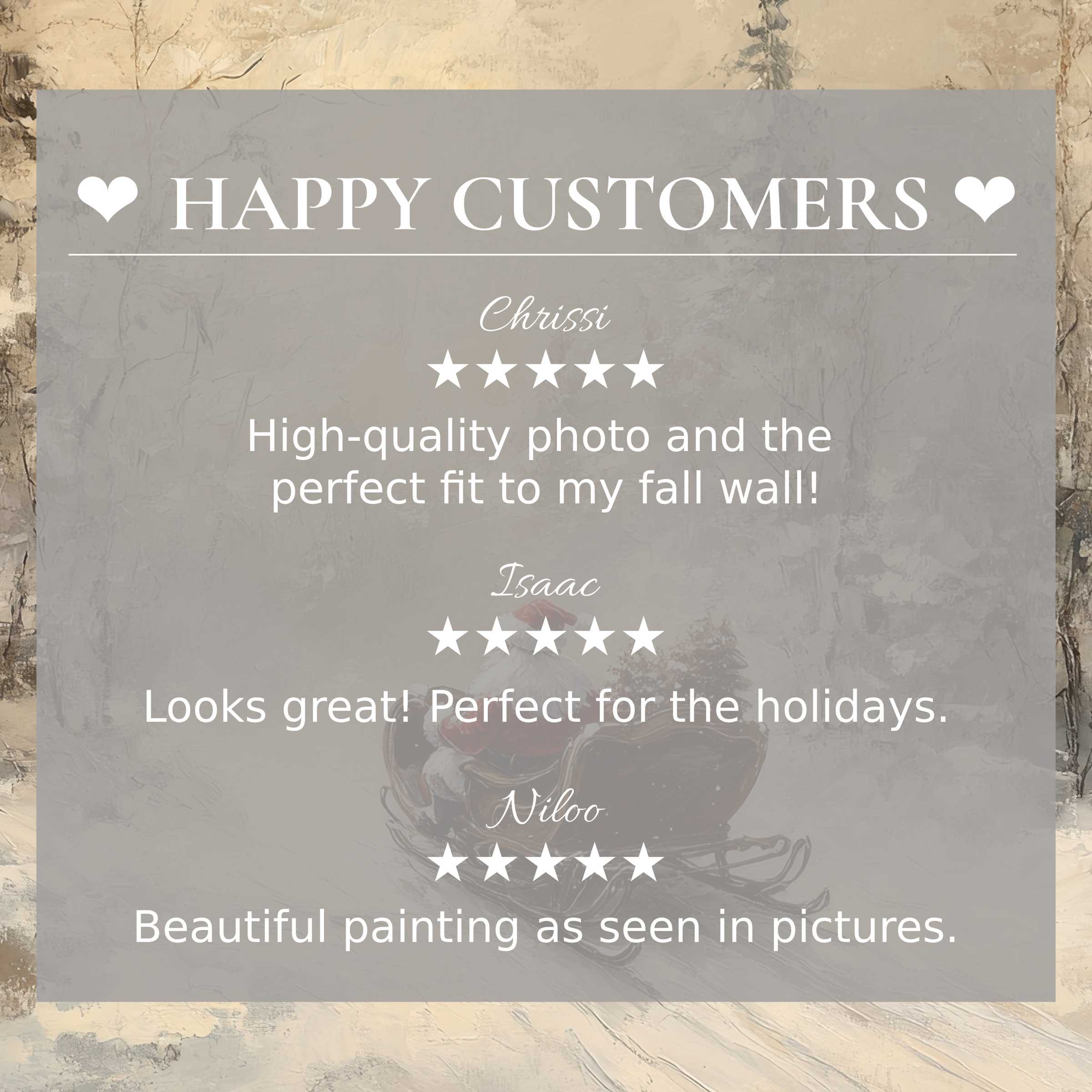Christmas art for Frame TV with textured beige background, happy customer reviews build trust and showcase elegance
