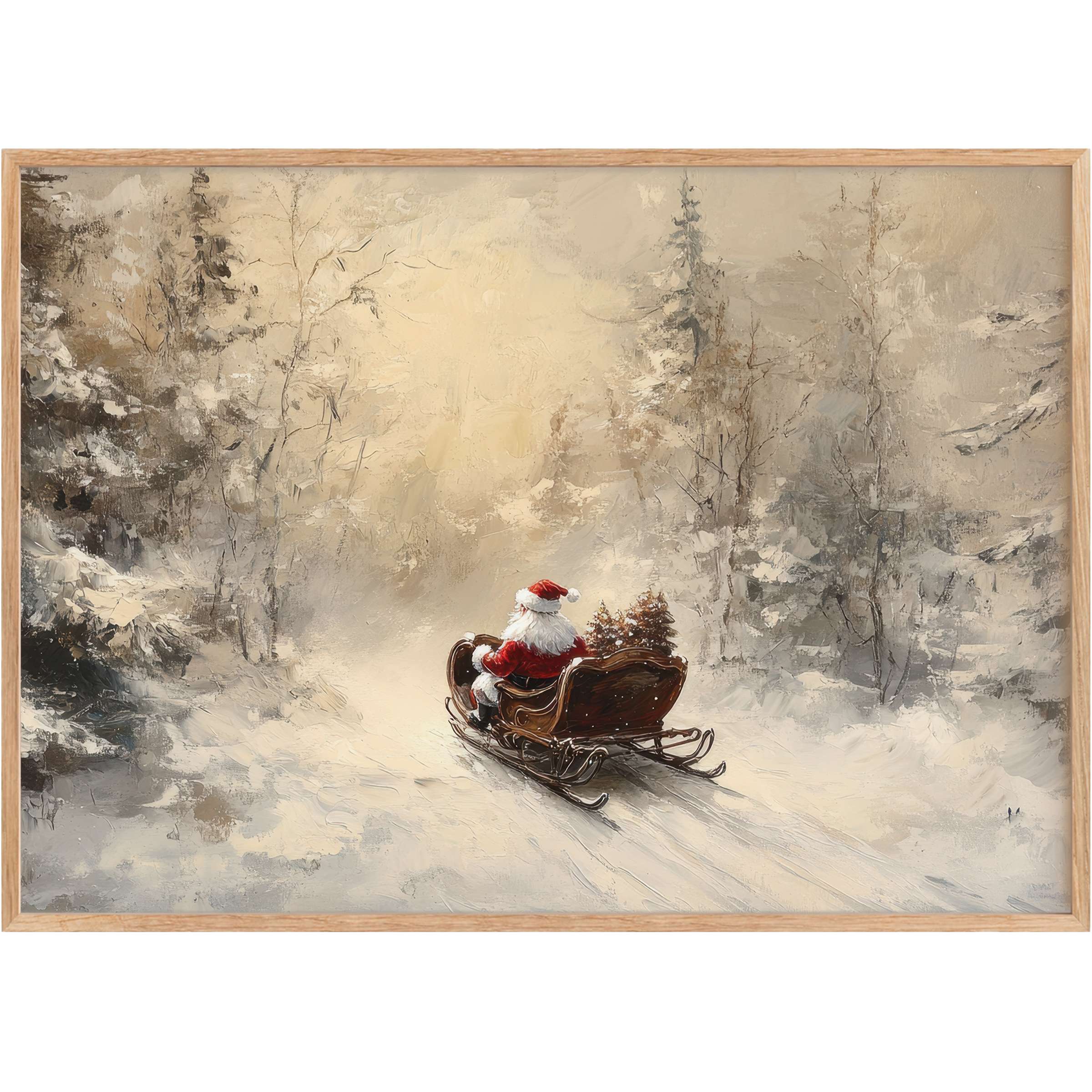Vintage-inspired Christmas printable wall art capturing Santa's serene sleigh ride through a snowy, muted forest, evoking warmth and calm
