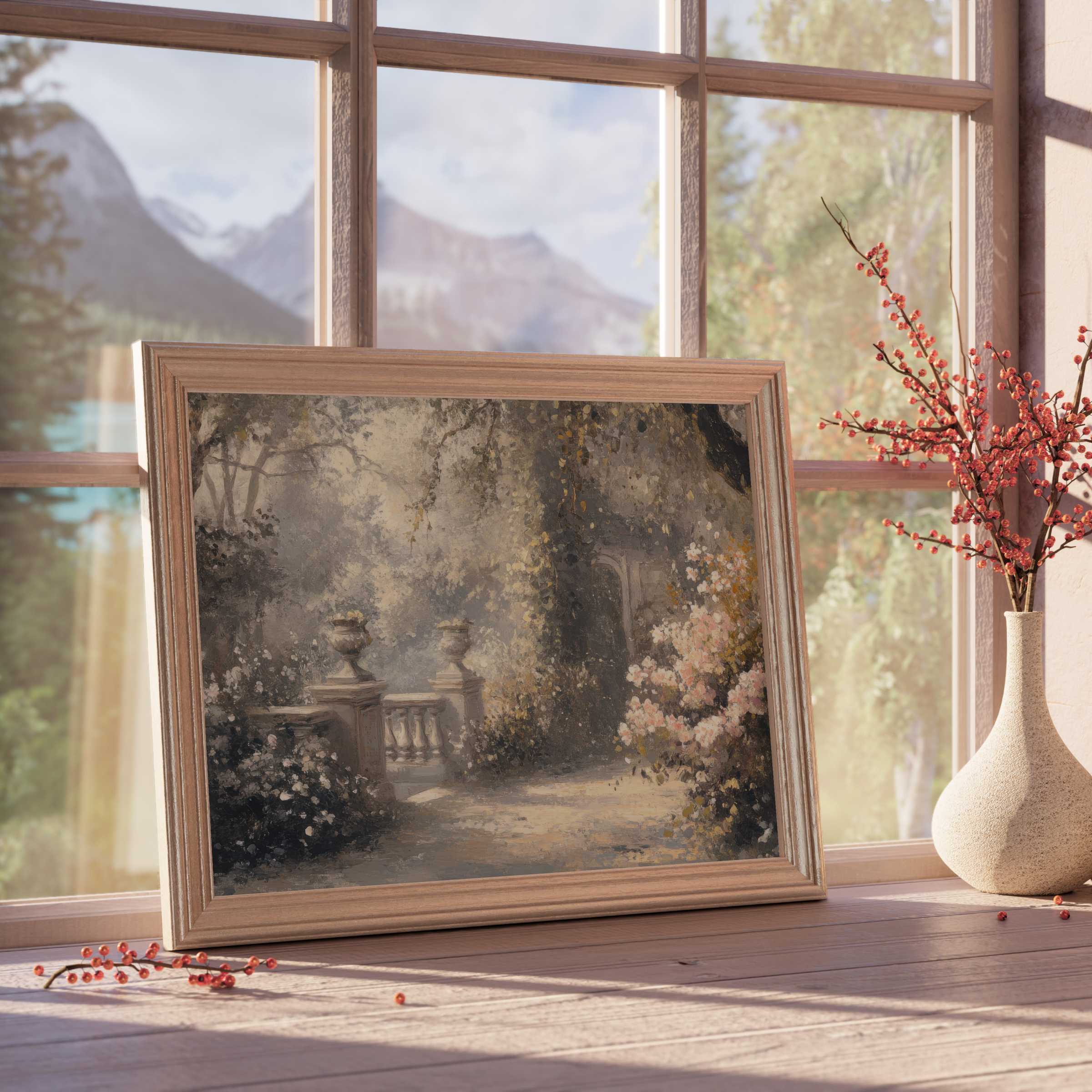 Tranquil spring downloadable art capturing a sunlit garden path with soft blossoms, enriching curated, elegant interiors