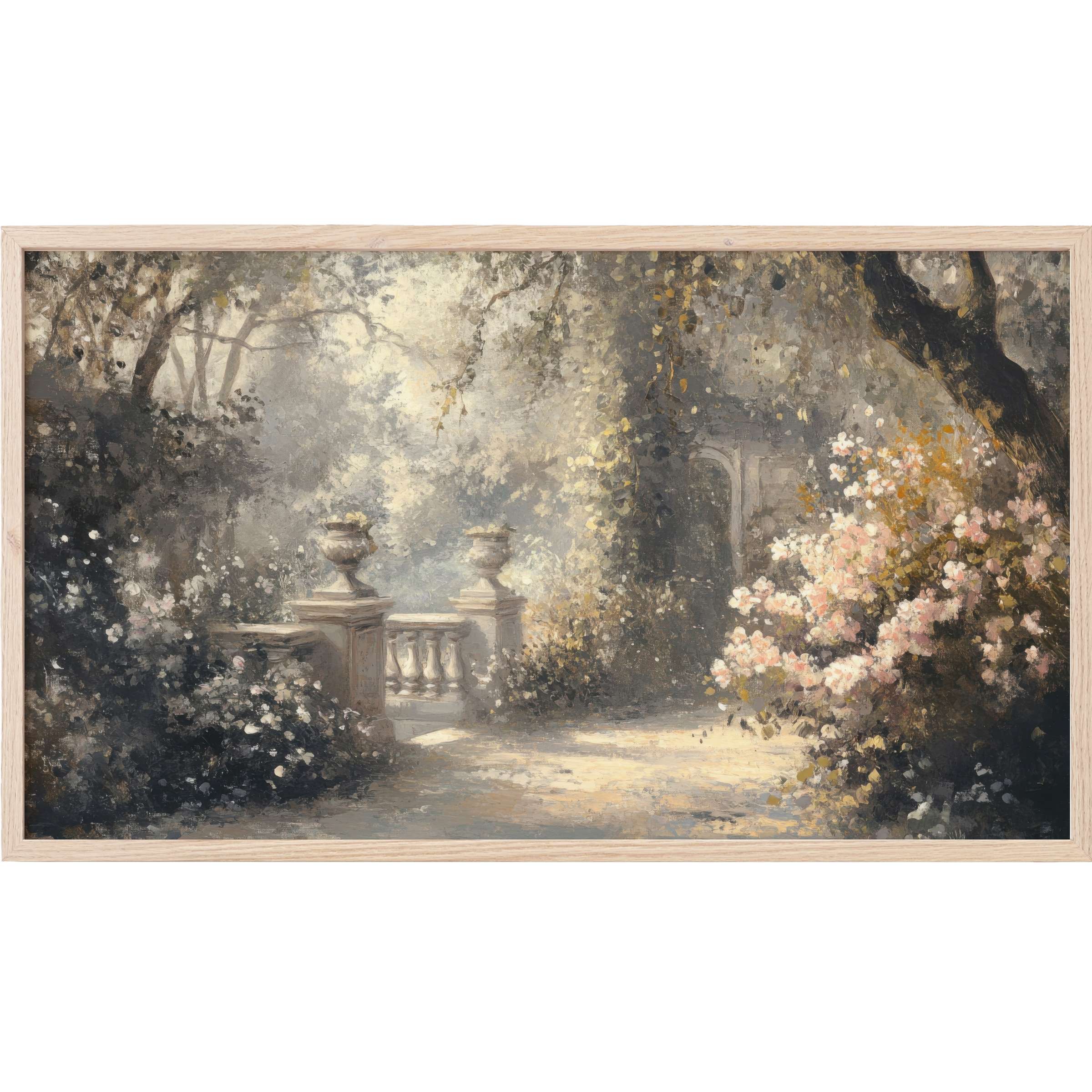 Elegant garden scene in muted tones with soft light and floral accents, perfect spring Frame TV Art for stylish interiors