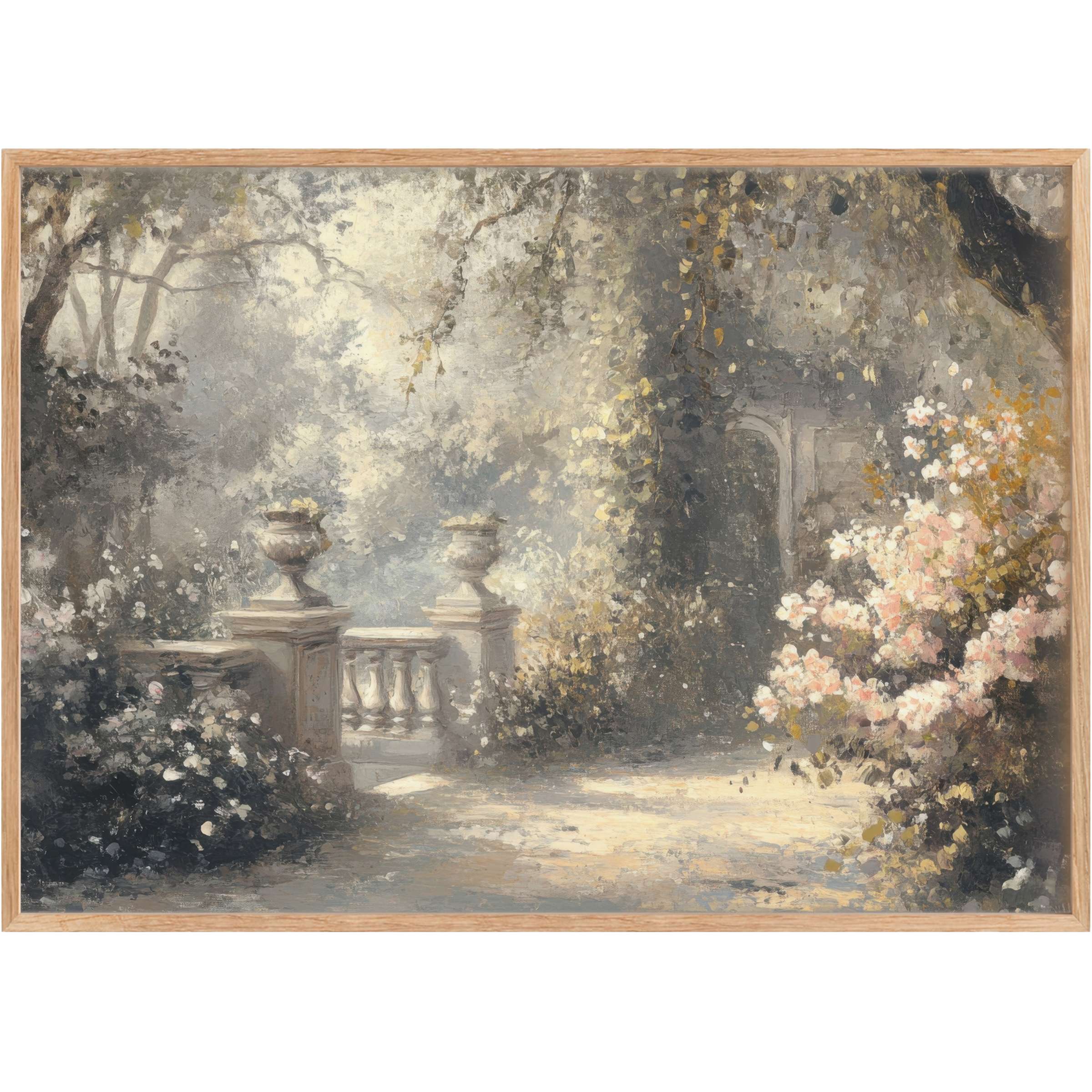 Elegant spring printable wall art showcasing a serene garden scene in soft pastels and muted gold, evoking timeless tranquility and grace