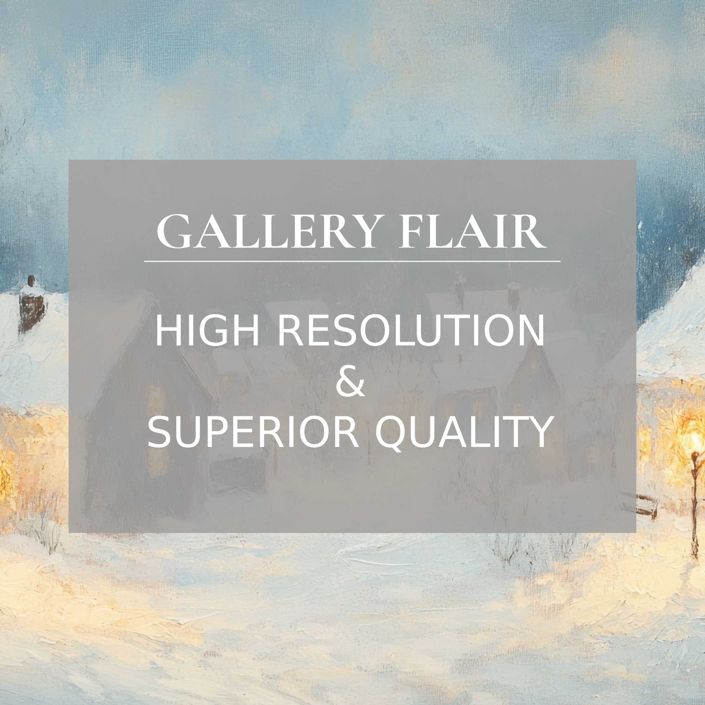 Winter printable art capturing a serene snow-kissed village at dusk, radiating calming warmth with premium detail, perfect for modern luxury decor