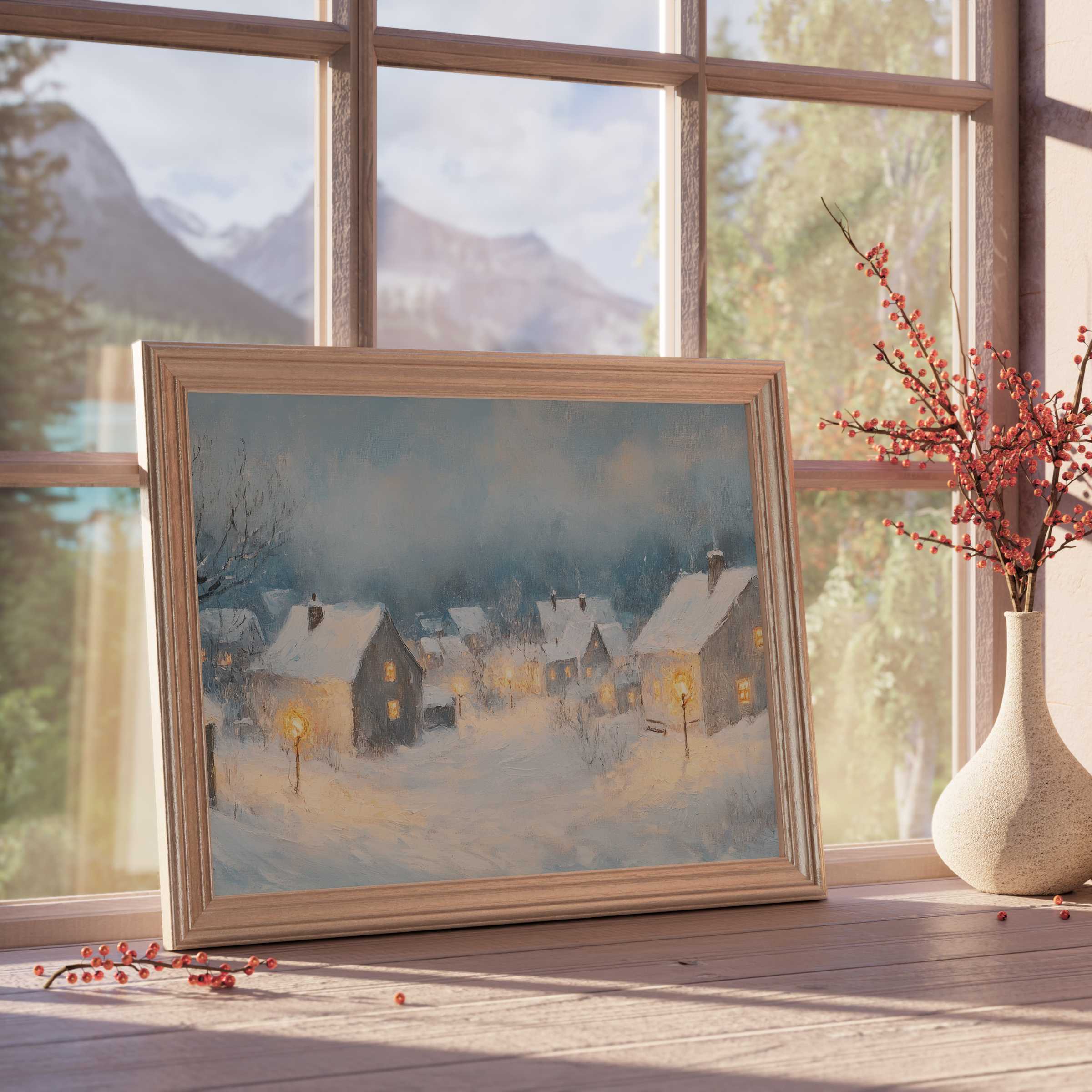Winter downloadable art capturing a serene snowy village glow, perfect for elevating cozy, curated interiors with warm ambiance