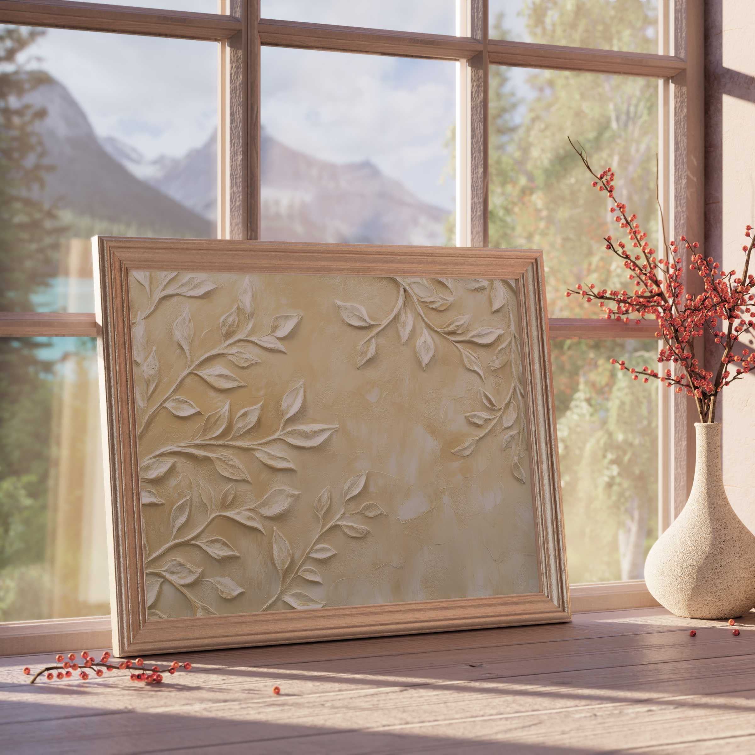 Boho downloadable art featuring textured botanical relief in warm neutrals, perfect for serene, design-forward interiors