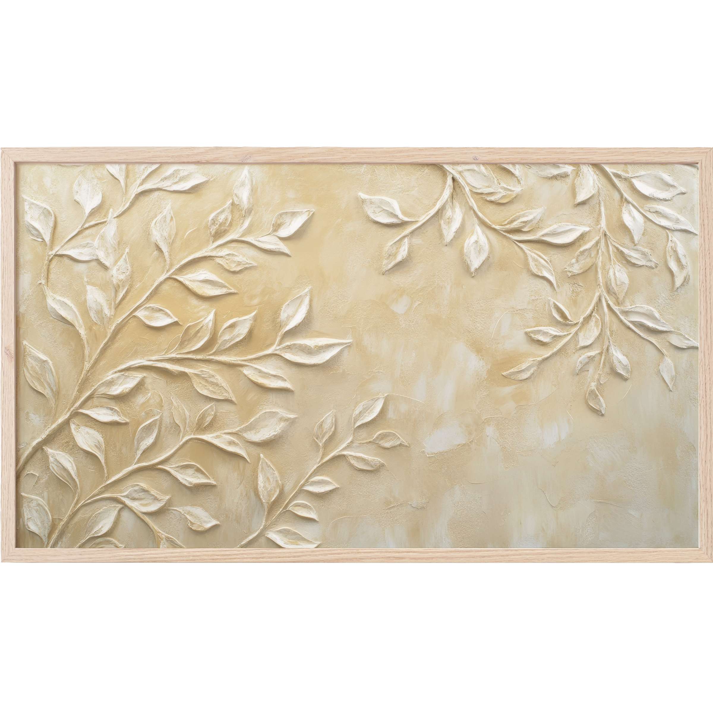 Soft beige textured relief of elegant leaves on branches in a light wood frame boho Frame TV Art