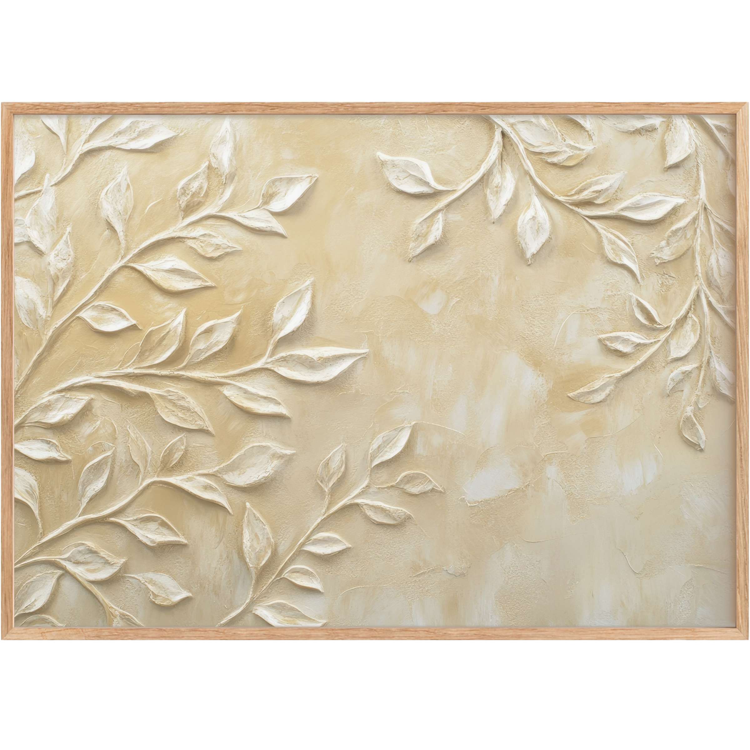 Boho printable wall art featuring soft beige and cream tones with delicate embossed leaves, evoking a calm and natural elegance