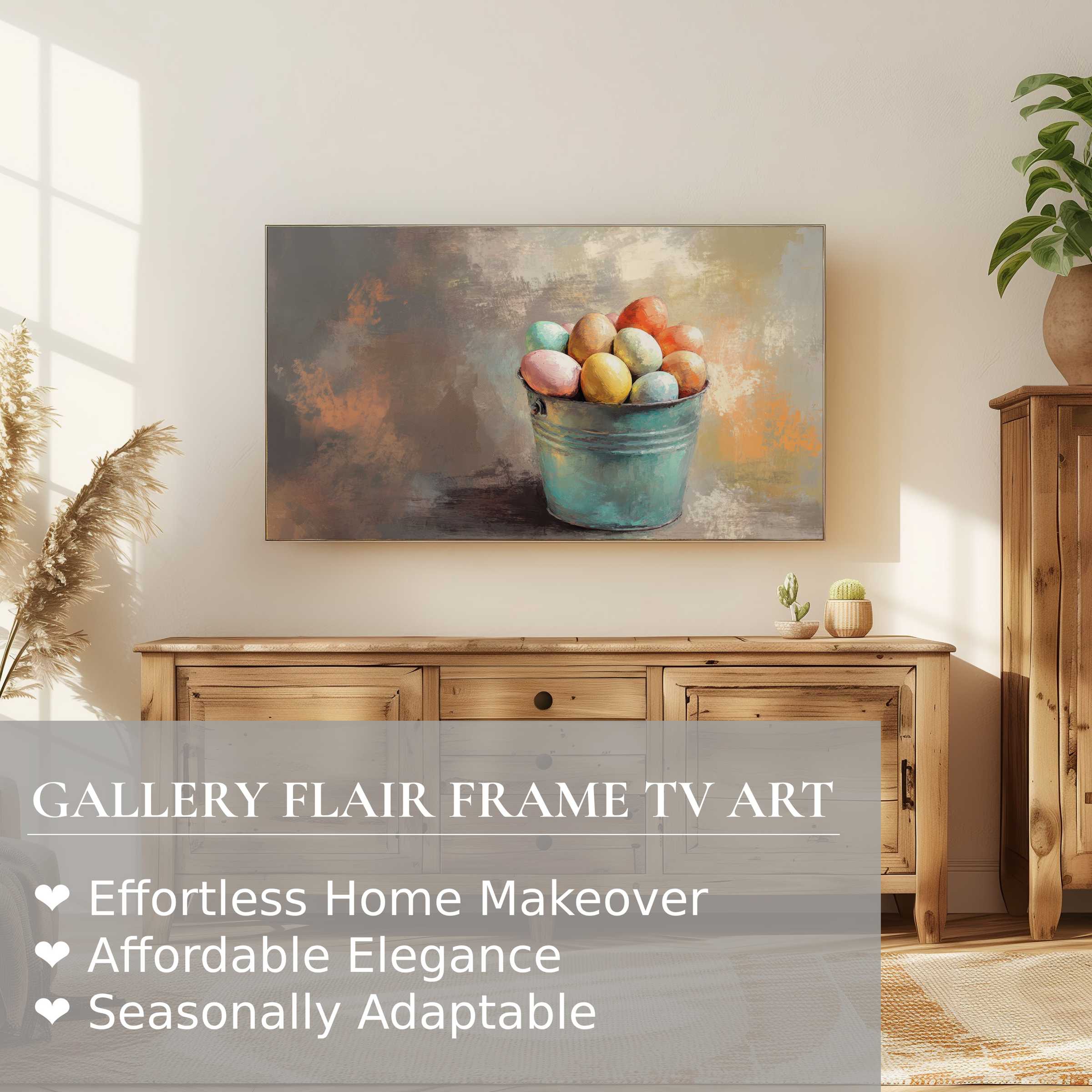 Samsung Frame TV displaying elegant easter digital artwork of pastel eggs in a rustic bucket, perfect for refined decor
