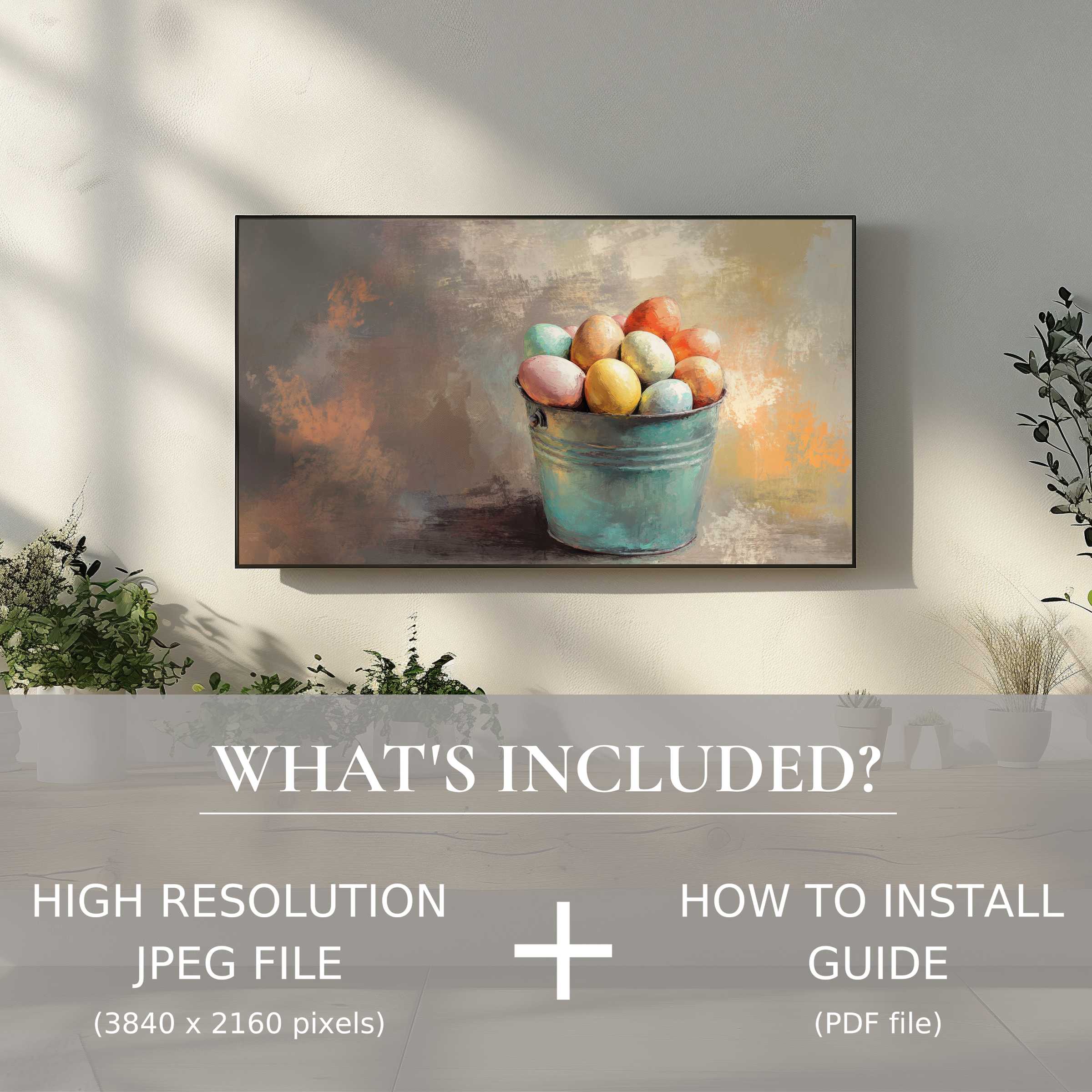 Elegant living room showcasing an easter digital TV art download, easy to use, enriching any modern space