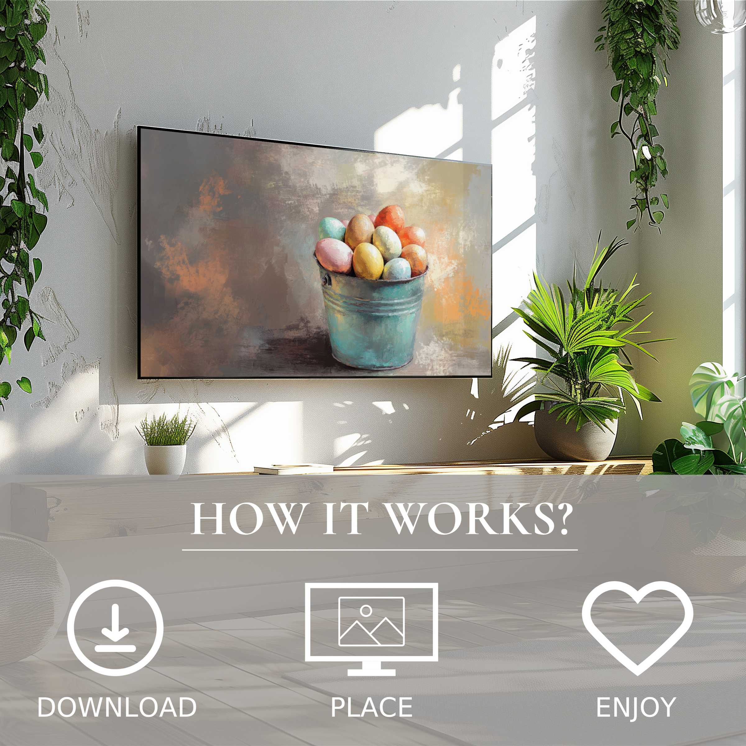 Easter art for Samsung TV with soft sunset tones on Frame TV; easy digital download enriches modern living room