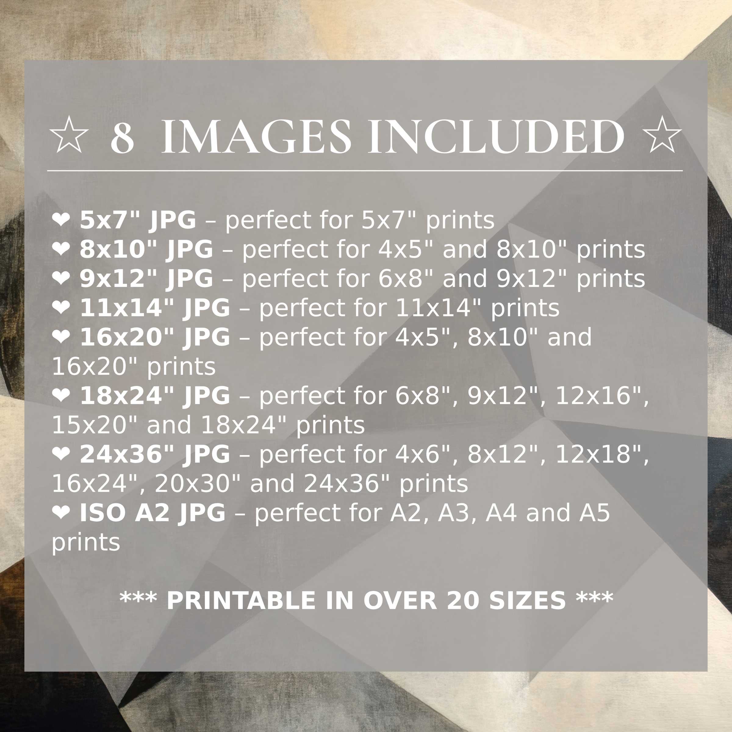 Sophisticated abstract digital print in calming beige and charcoal tones, delivered in 8 high-quality sizes included, perfect for modern interiors