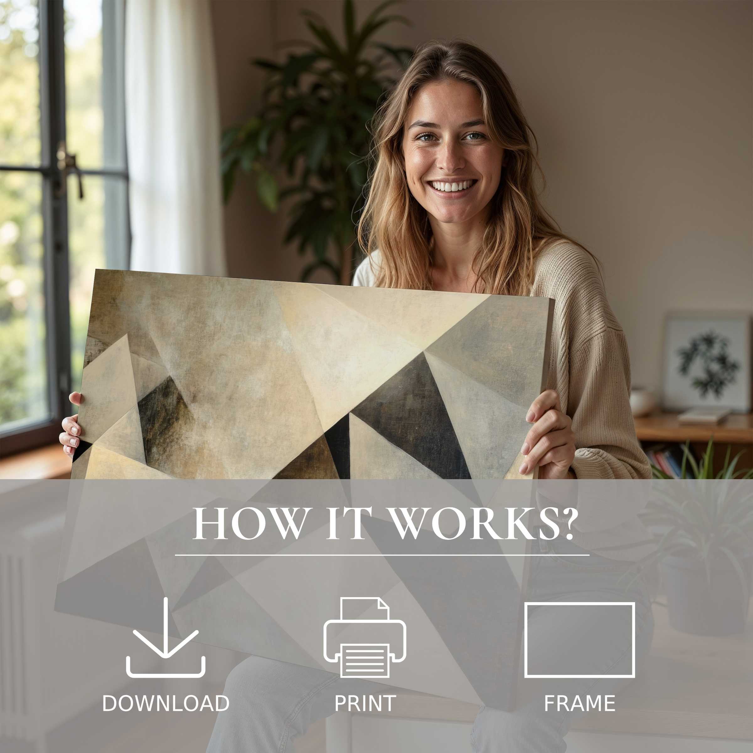Radiant joy in a modern home as abstract digital art print in muted earth tones transforms space with serene connection and effortless elegance