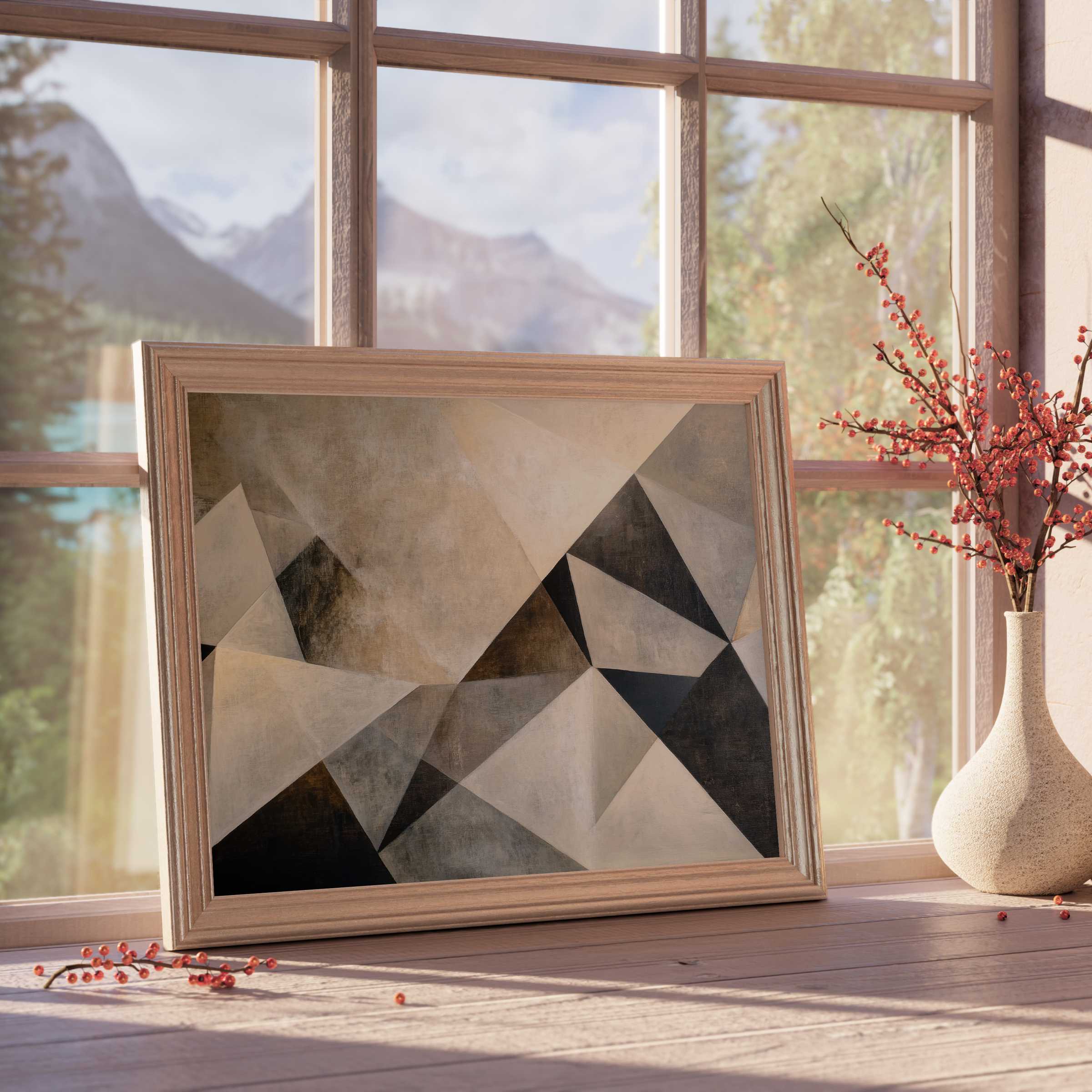 Abstract downloadable art with muted geometric forms evokes serene sophistication, perfect for curated, tranquil interiors