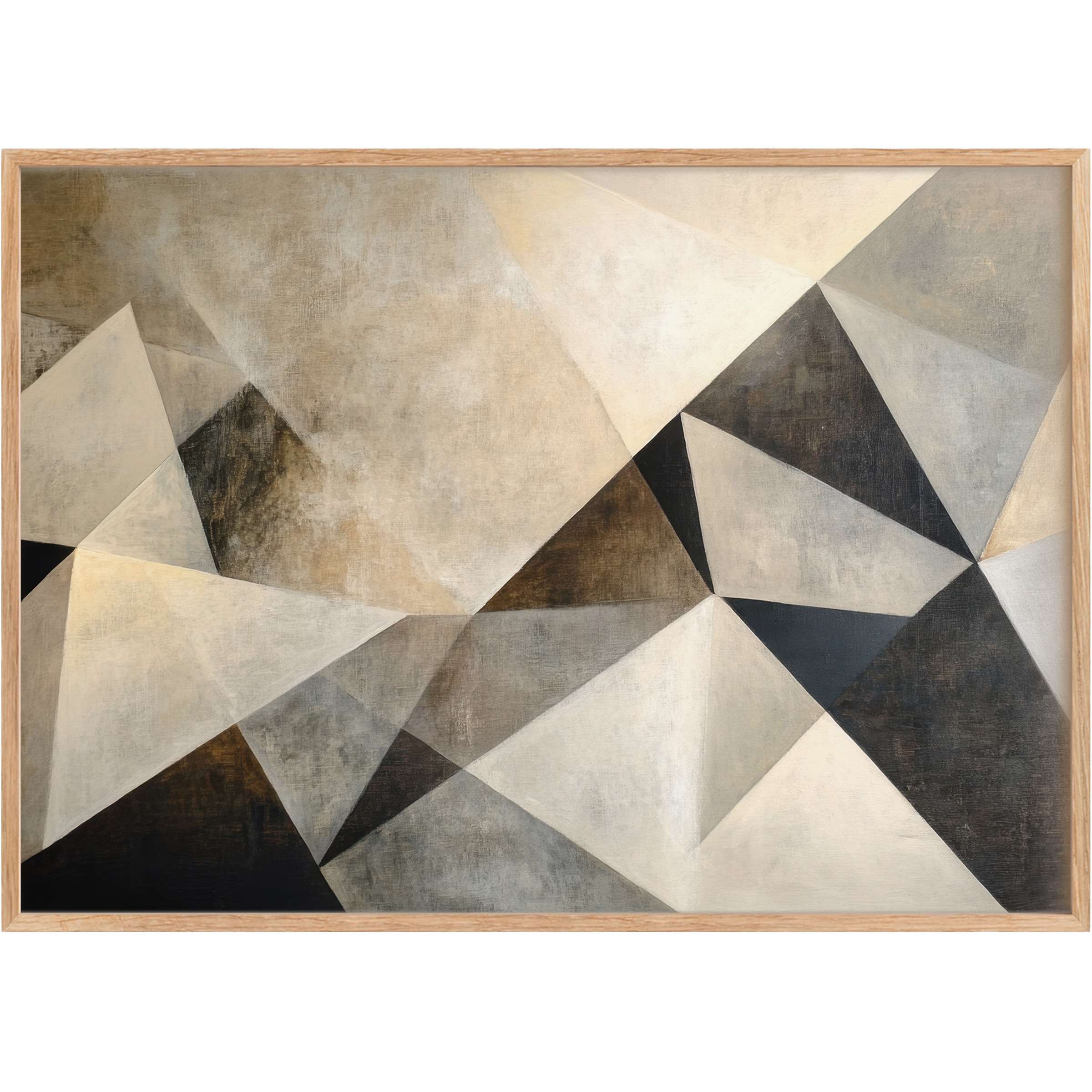 Sophisticated abstract printable wall art featuring layered geometric shapes in muted beiges, greys, and blacks, evoking a serene, contemplative ambiance