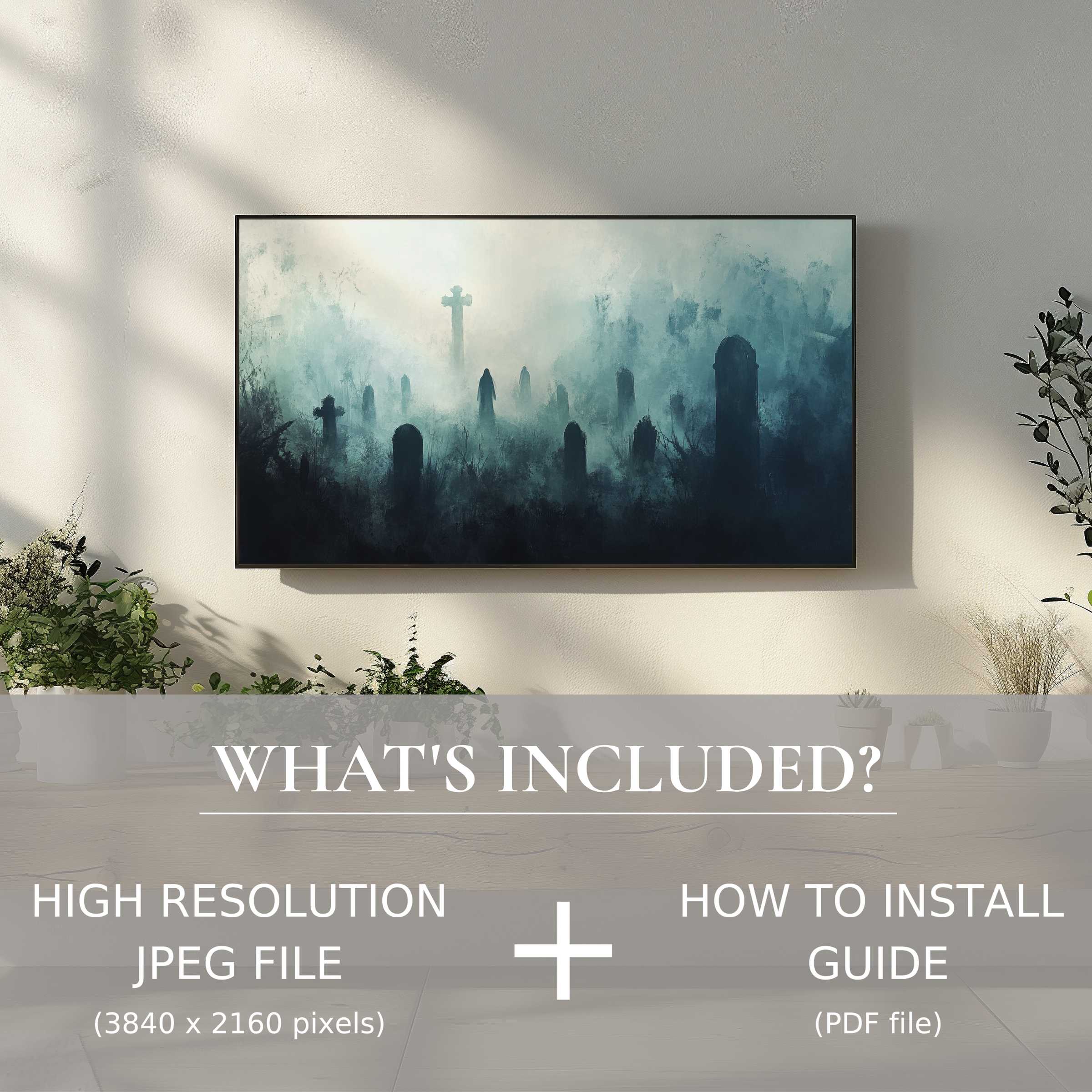 Elegant halloween digital TV art download featuring misty graveyard, enhancing modern living spaces with easy digital use