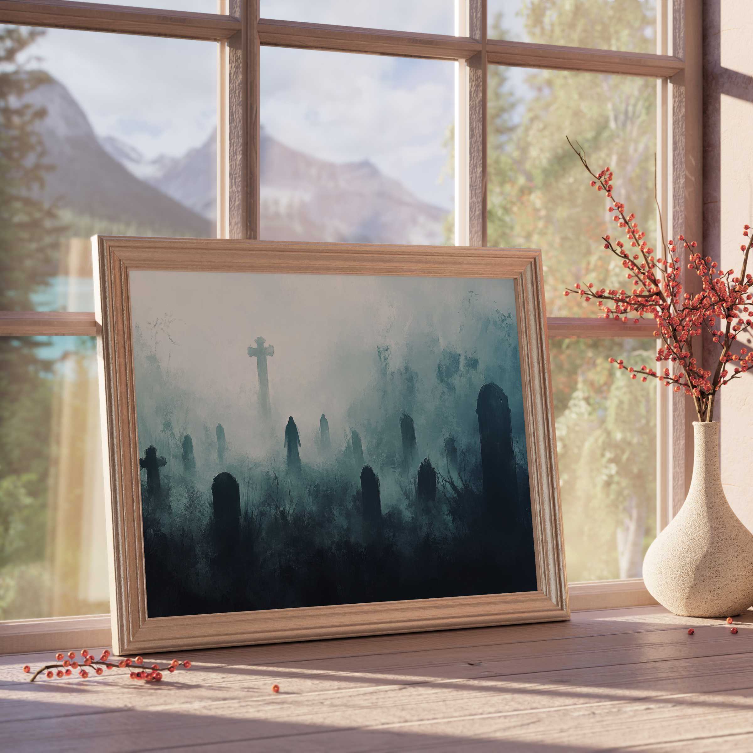 Ethereal halloween downloadable art capturing misty graveyard silhouettes, adding serene, moody elegance to curated modern interiors