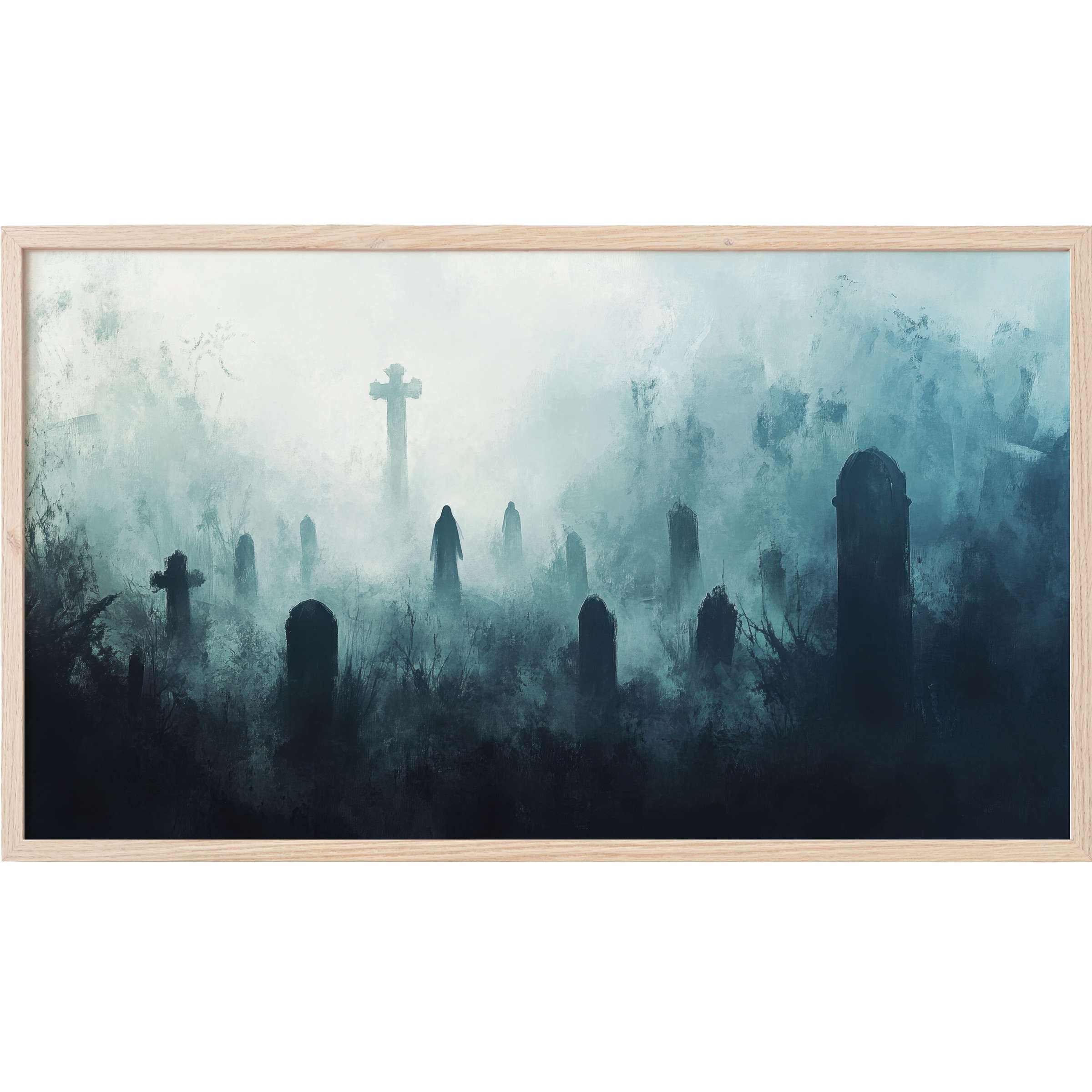 Ethereal graveyard scene in misty blues and greys, evoking calm mystery - halloween Frame TV Art for refined spaces