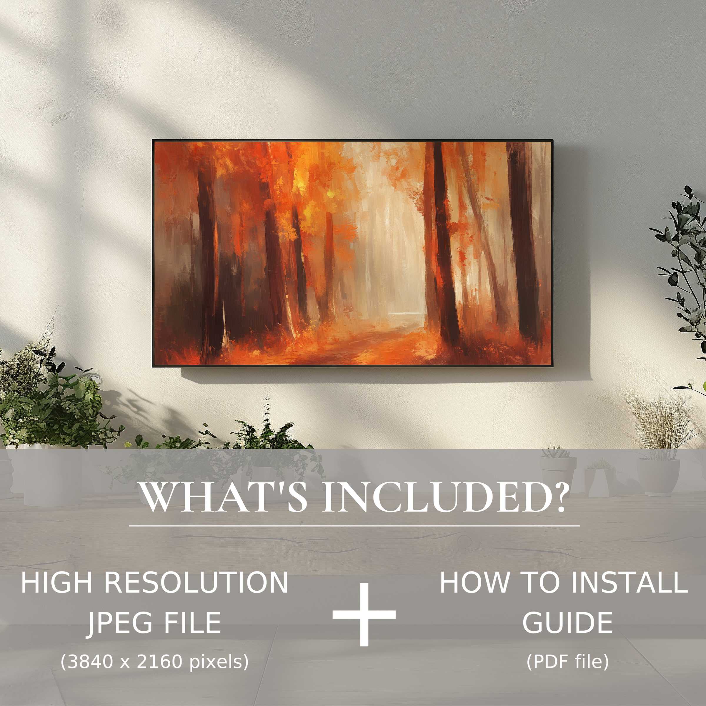 Elegant fall digital TV art download brightens living space with rich hues, easy download, and seamless digital installation guide