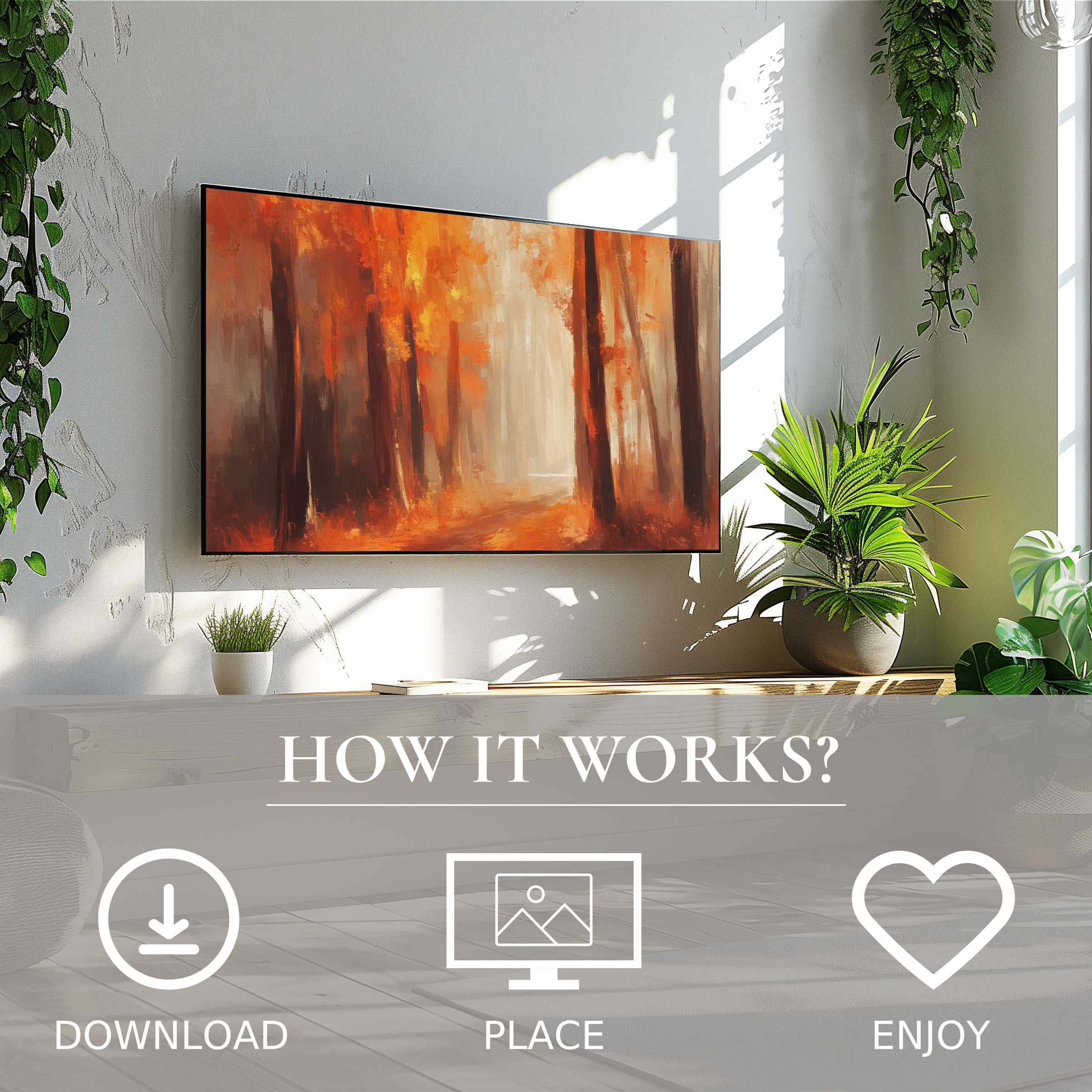 Fall art for Samsung TV shows warm autumnal color flow; easy digital download enriches bright, modern living space