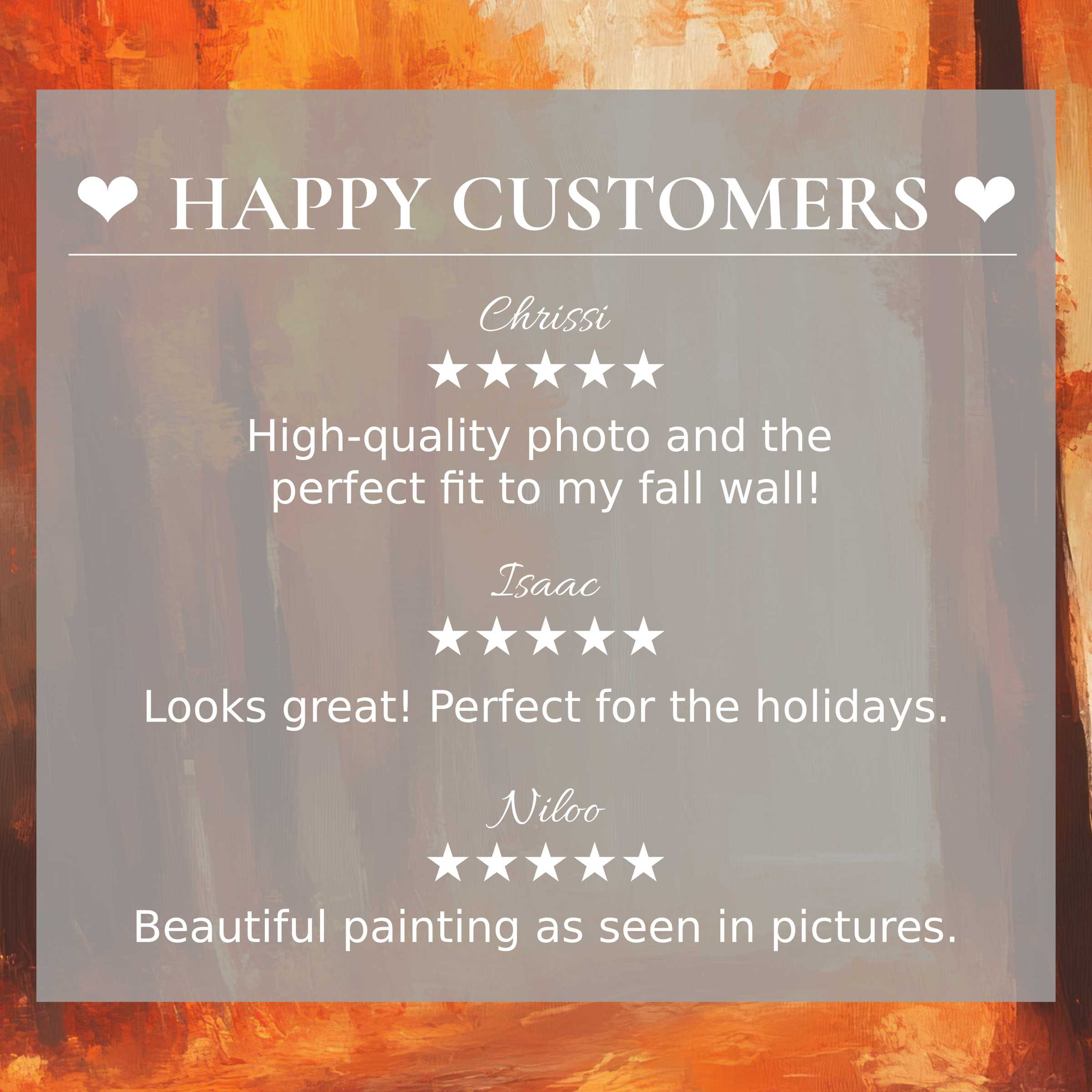 Fall art for Frame TV with abstract warm tones, highlighting happy customer reviews and elegant, trustworthy design