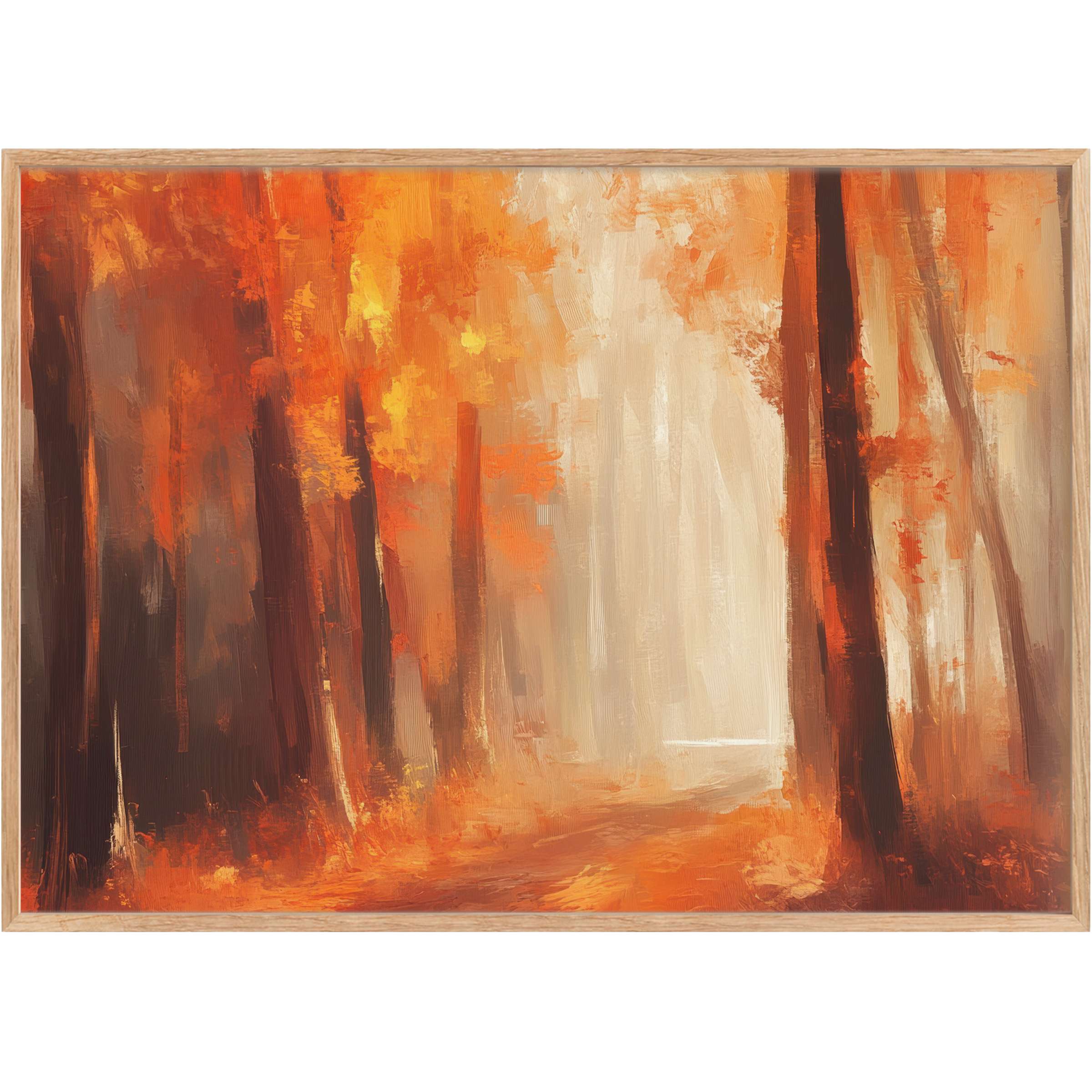 Fall printable wall art evoking a serene forest path bathed in warm amber and soft golden light, inviting peaceful reflection