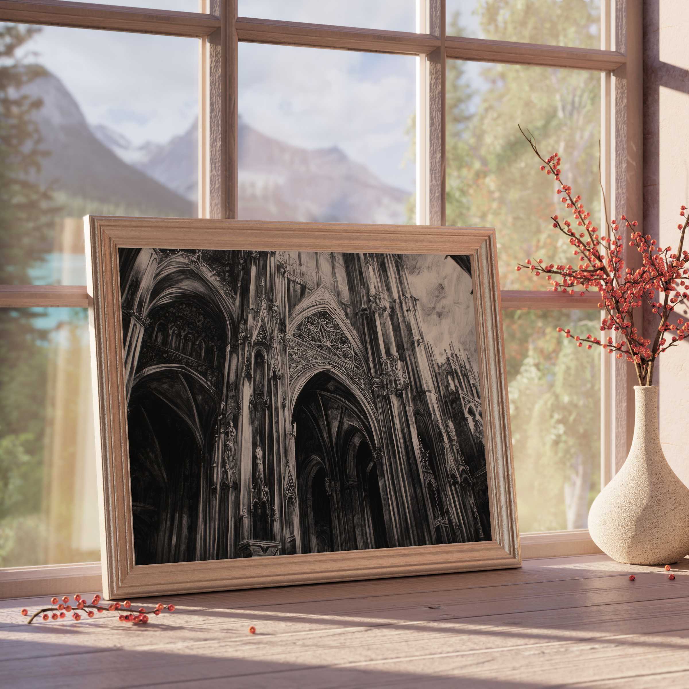 Black and white downloadable art capturing gothic cathedral grandeur, perfect for serene, curated, design-forward interiors