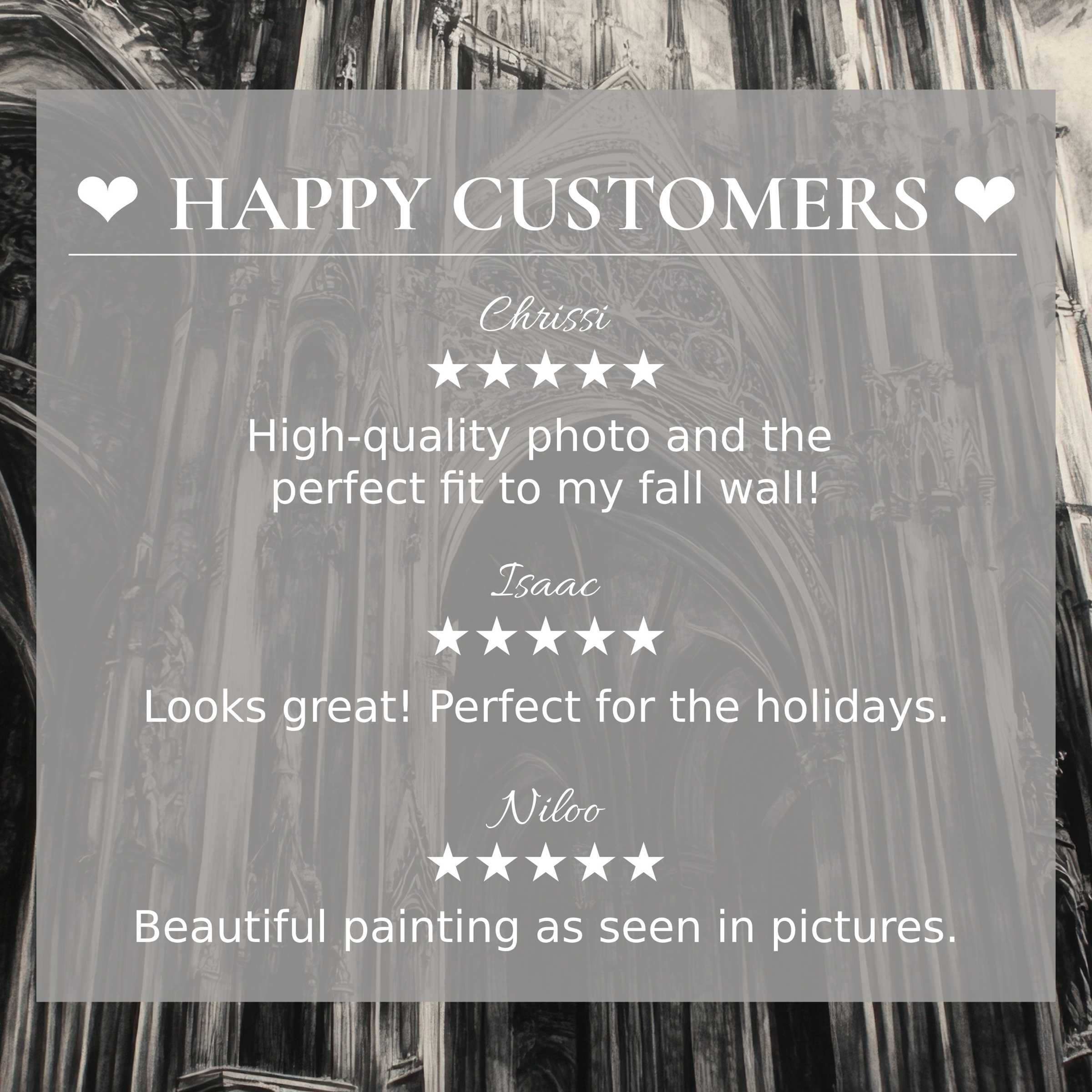 Elegant black and white art for Frame TV with cathedral backdrop, showcasing reviews that inspire trust from happy customers