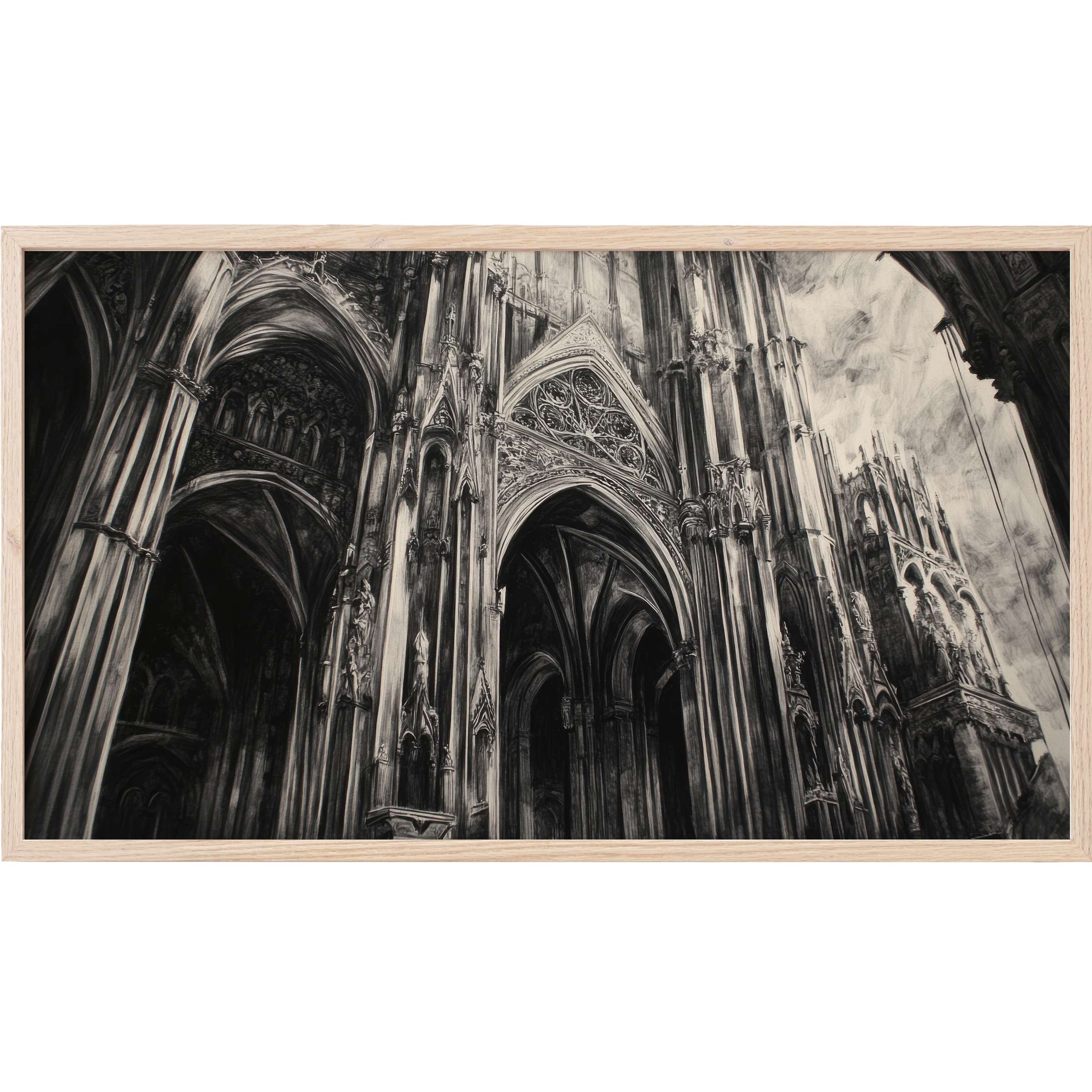 Dramatic black and white Frame TV Art featuring intricate gothic cathedral arches in a bold, modern style