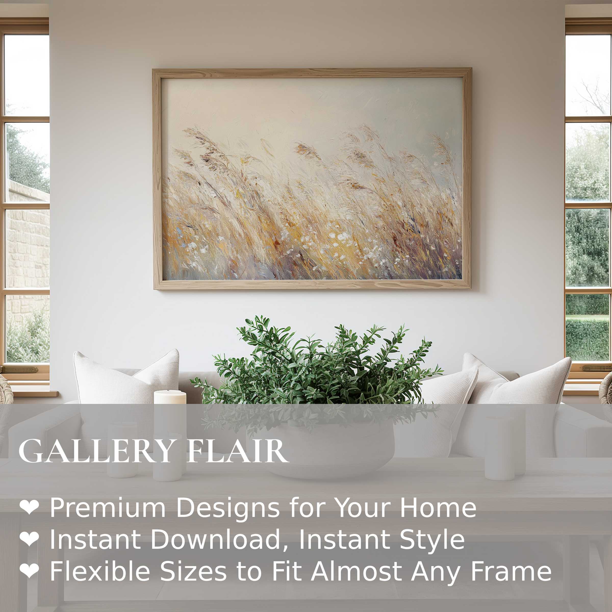 Botanical wall art print featuring soft, radiant wild grasses in muted earth tones, enhancing this modern minimalist living room with calming natural elegance