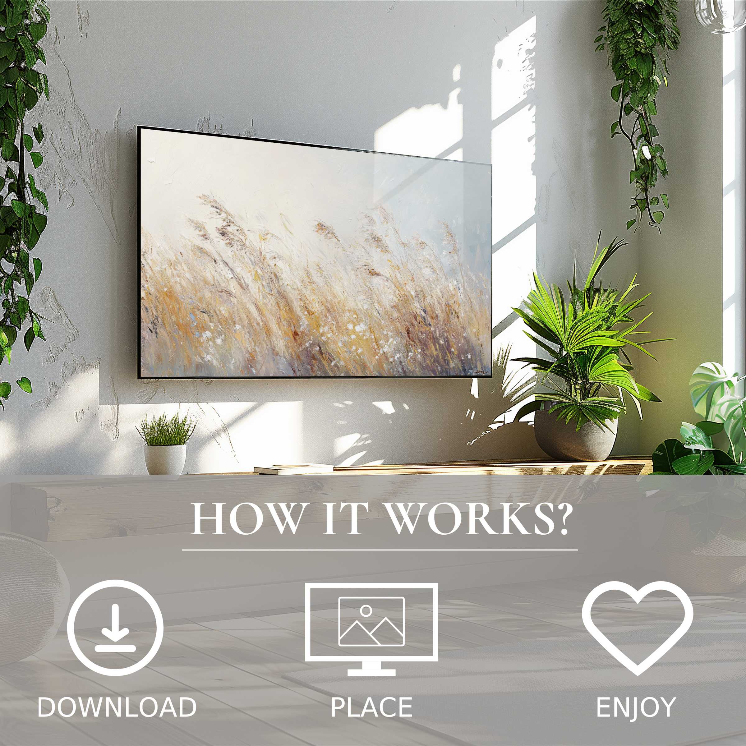 Modern living room with botanical art for Samsung TV, soft earthy tones, easy digital download, enhances stylish spaces