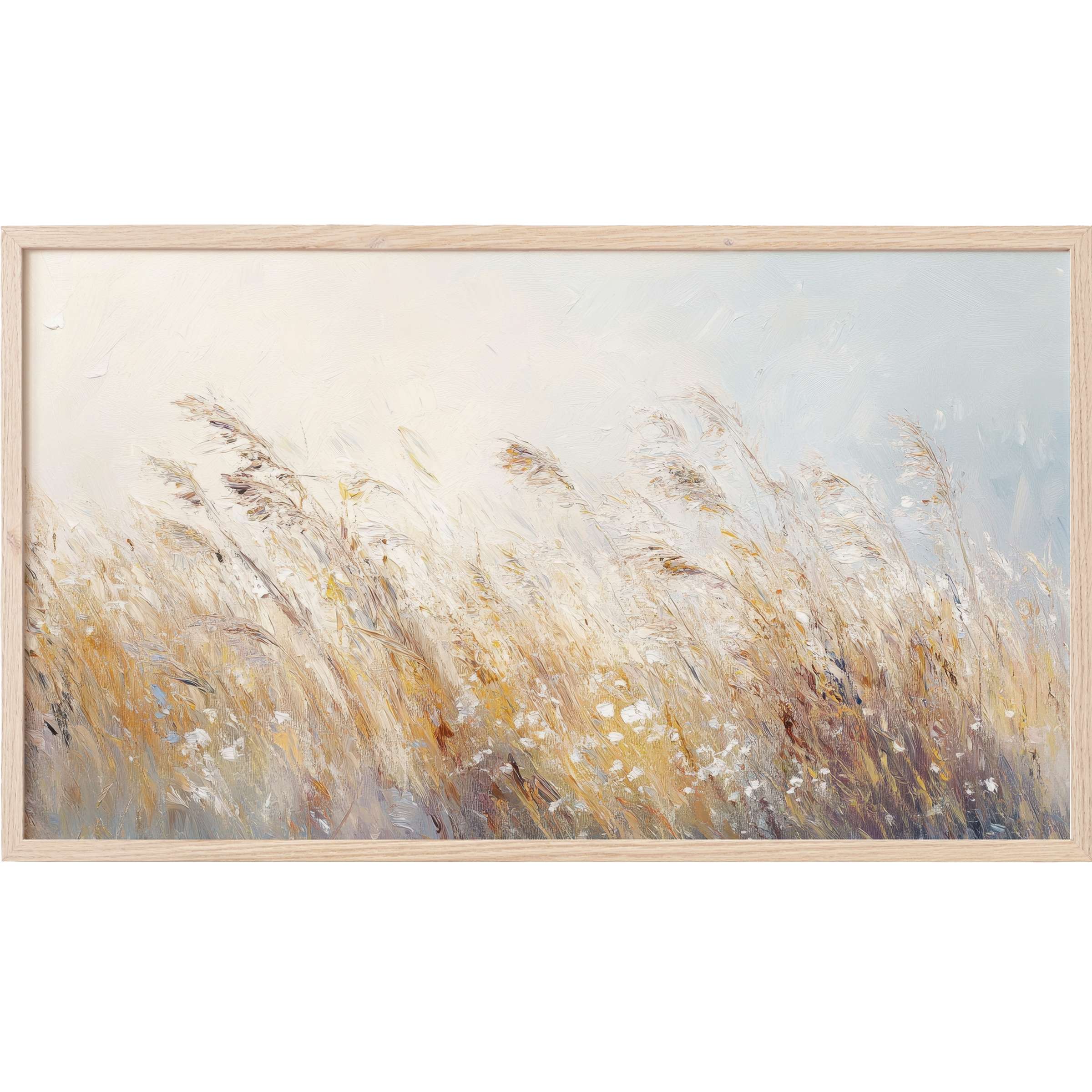 Elegant botanical Frame TV Art with soft golds, creams, and blue hues in a textured, modern impressionist style