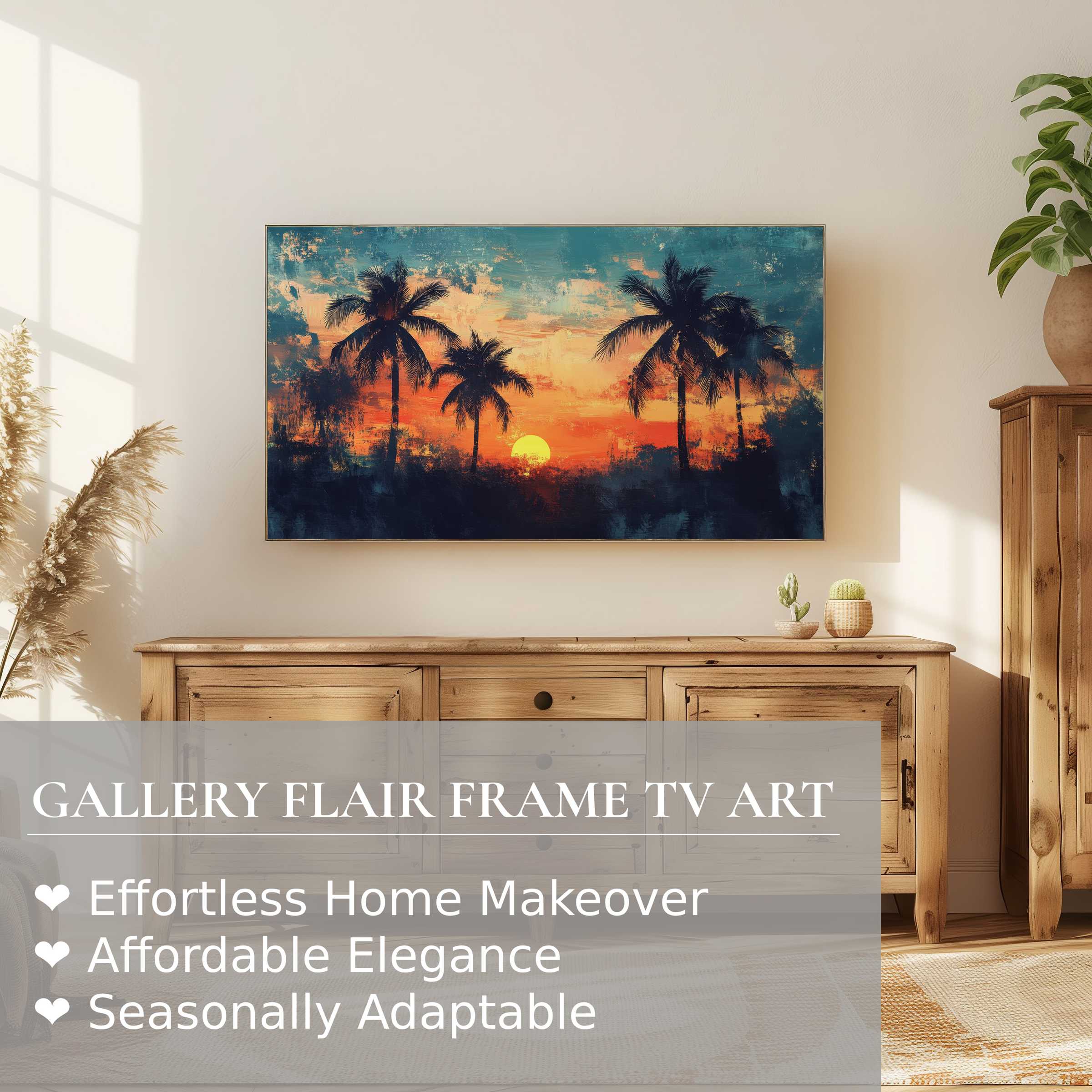 Samsung Frame TV displaying vibrant beach digital artwork of palm trees at sunset in a chic, modern living room