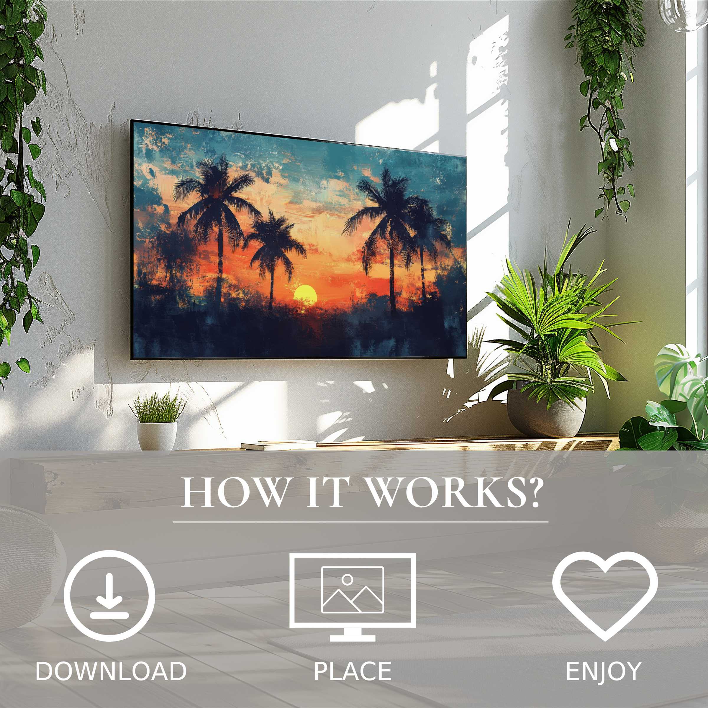 Cozy room with beach art for Samsung TV showcasing an abstract sunset with palm silhouettes; easy digital download enriches space