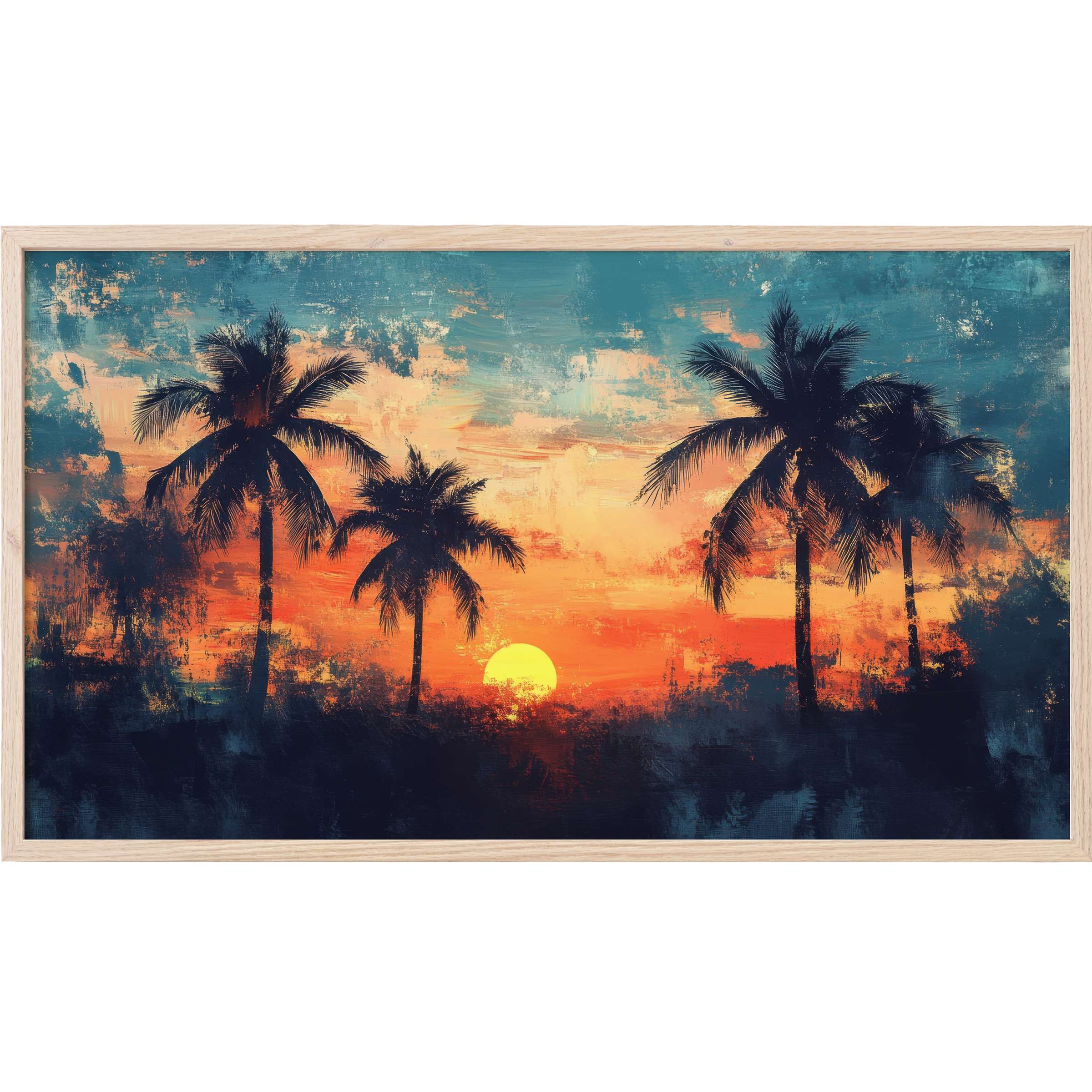 Elegant beach Frame TV Art with silhouetted palm trees at sunset in rich blues, oranges, and warm yellows