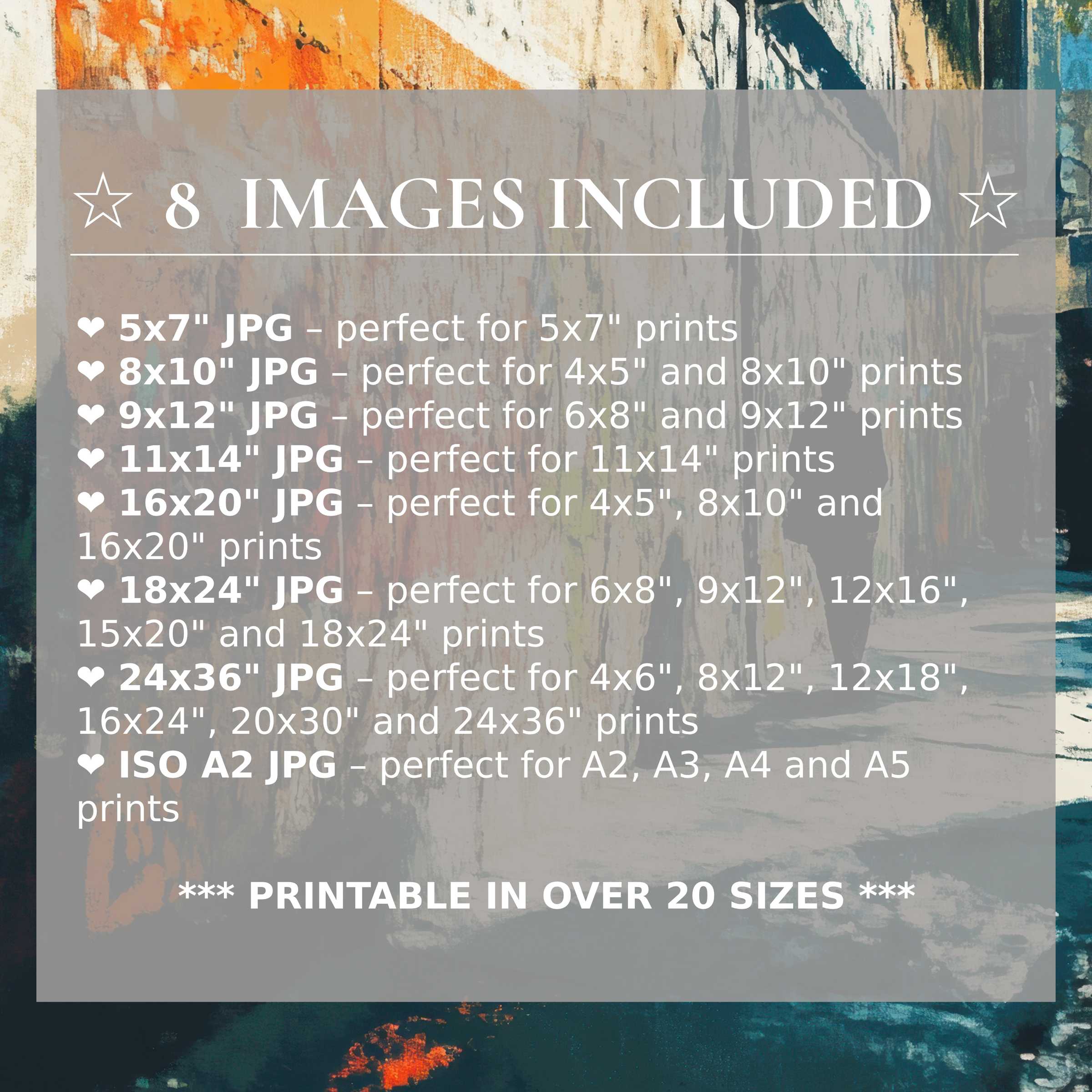 Urban digital print capturing radiant orange and deep teal tones, elevating modern interiors with timeless style; includes 8 high-quality sizes