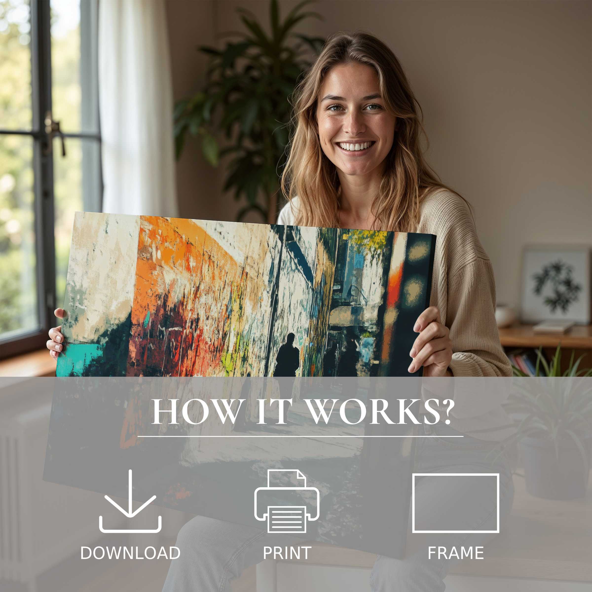 A radiant moment of connection and joy as a woman unveils an urban digital art print, blending vibrant city tones with serene ambiance in a chic, modern home