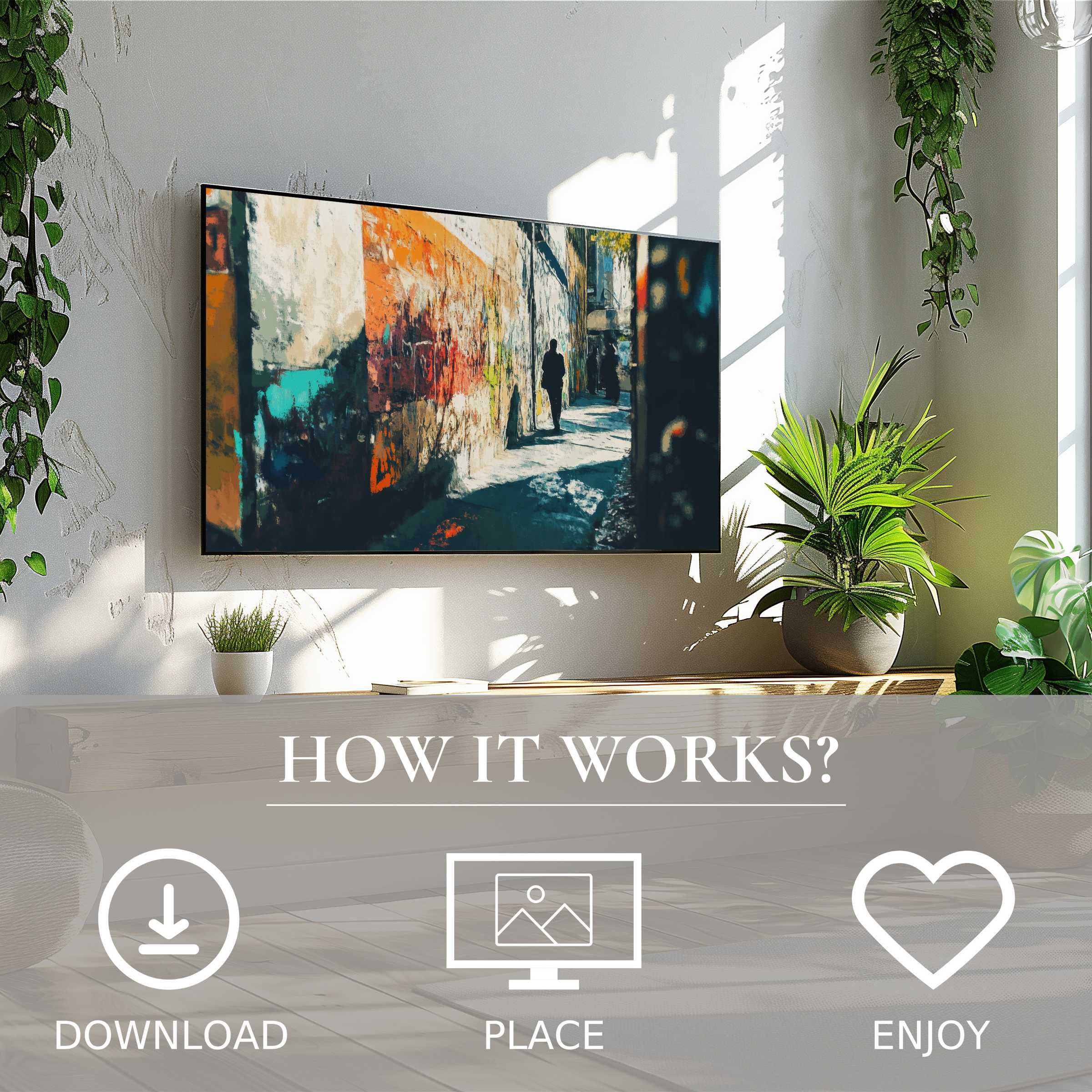 Urban art for Samsung TV in a bright room, featuring a colorful alley motif; easy digital download enriches decor