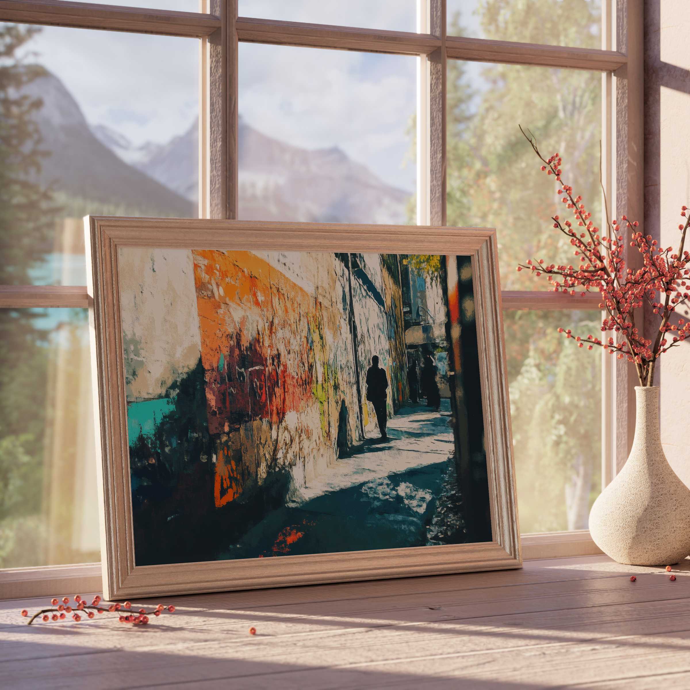 Urban downloadable art capturing a solitary figure amidst vibrant graffiti, infusing curated interiors with bold, tranquil design