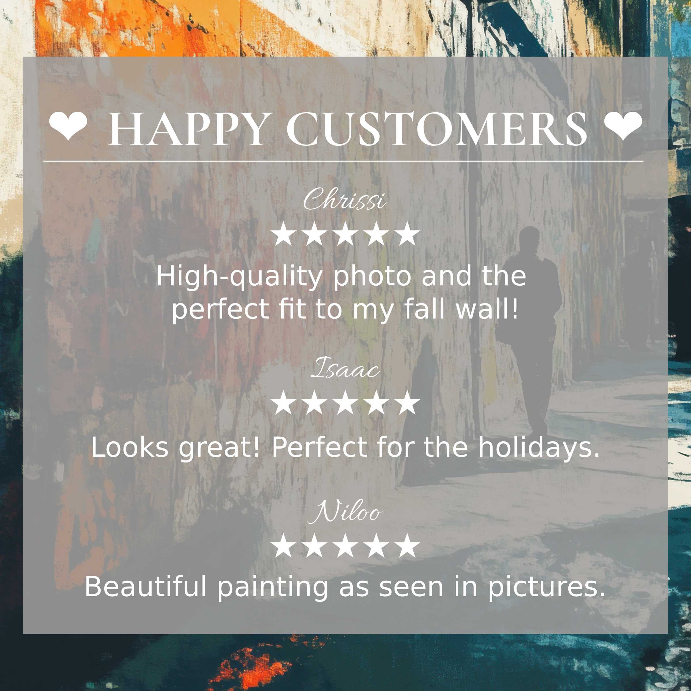 Urban art for Frame TV with abstract sunset hues, featuring happy customer reviews that inspire trust and elegance