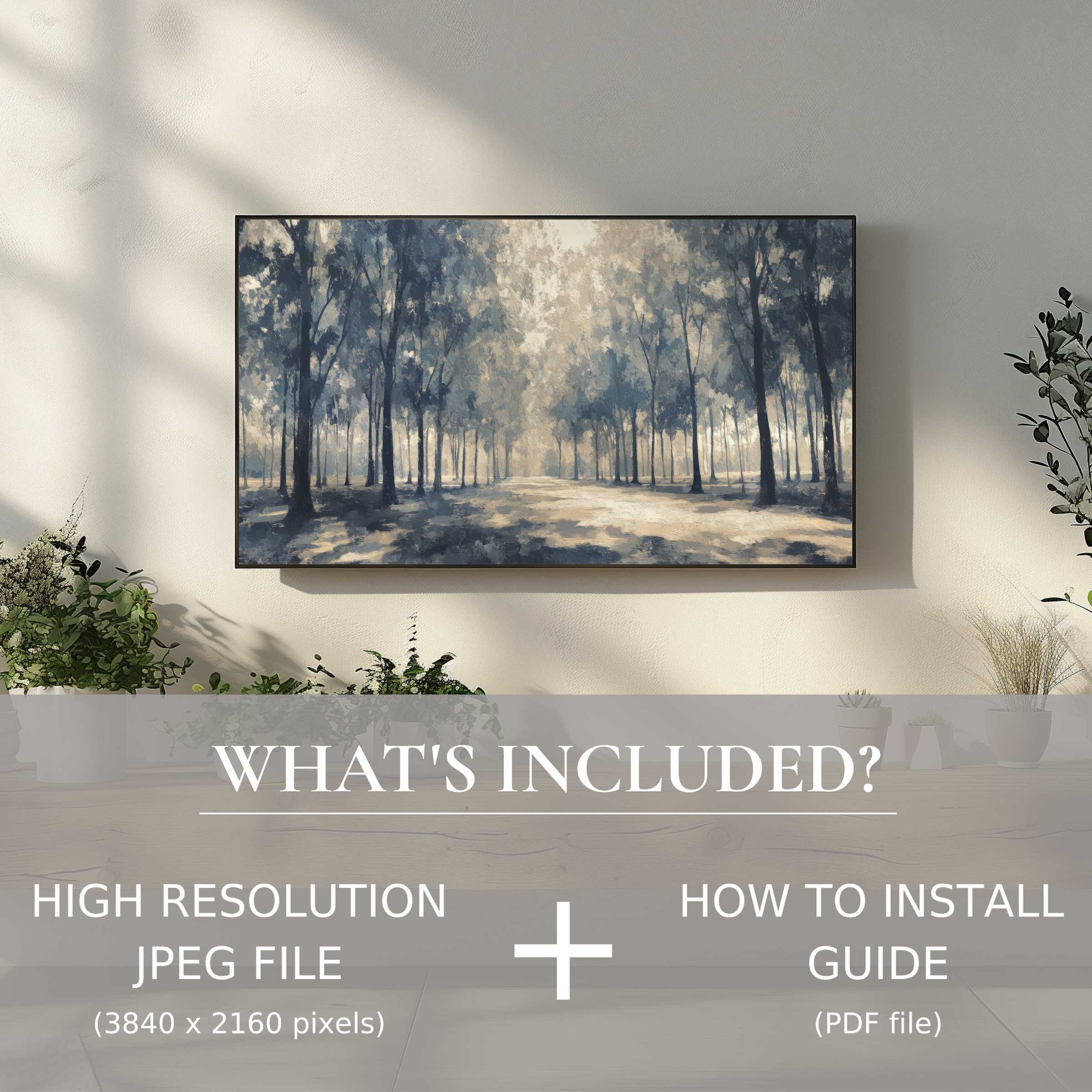 Elegant tree digital TV art download enhances any living space with easy digital use and serene forest visuals