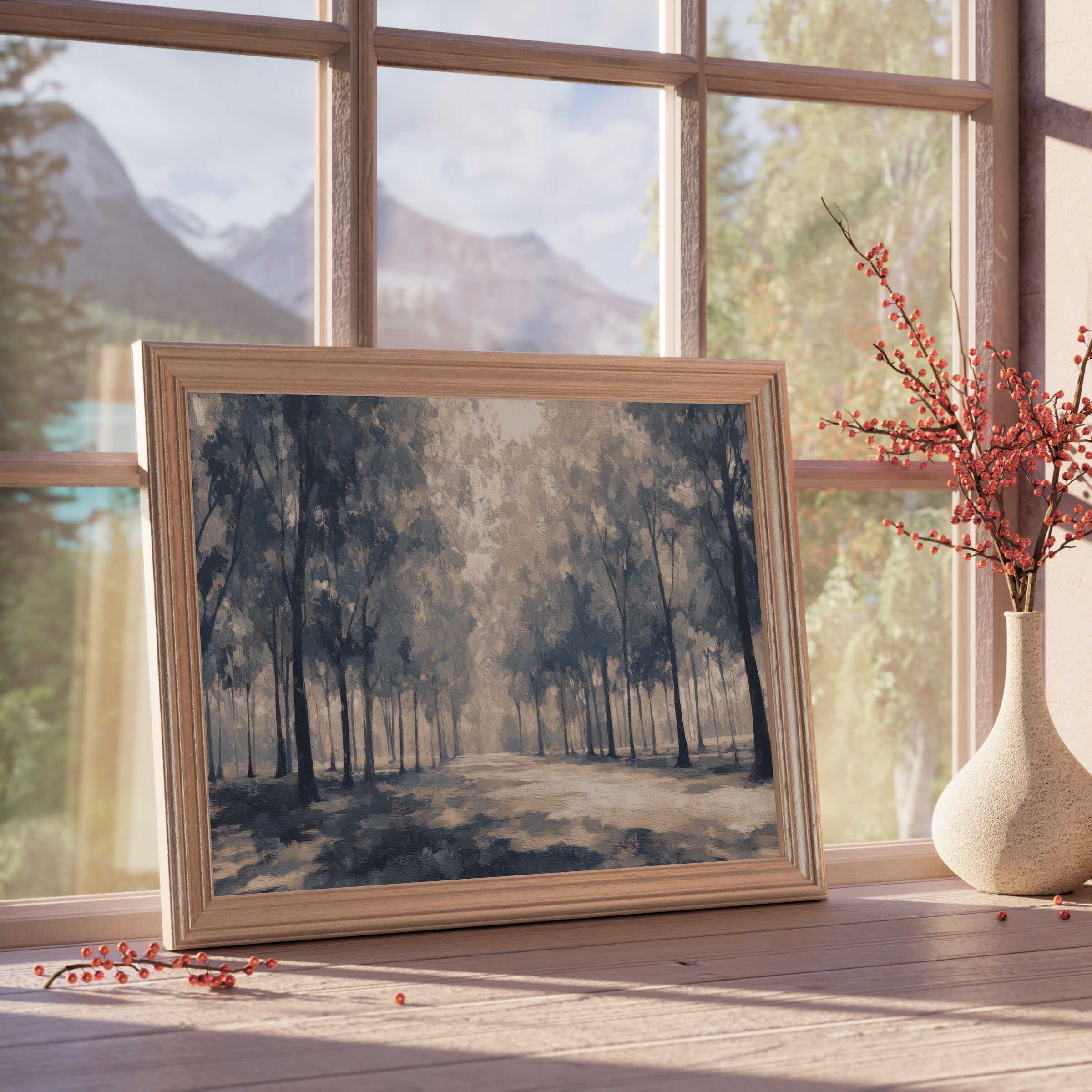 Tranquil tree downloadable art in soft neutrals, elevating curated interiors with serene, design-forward woodland elegance