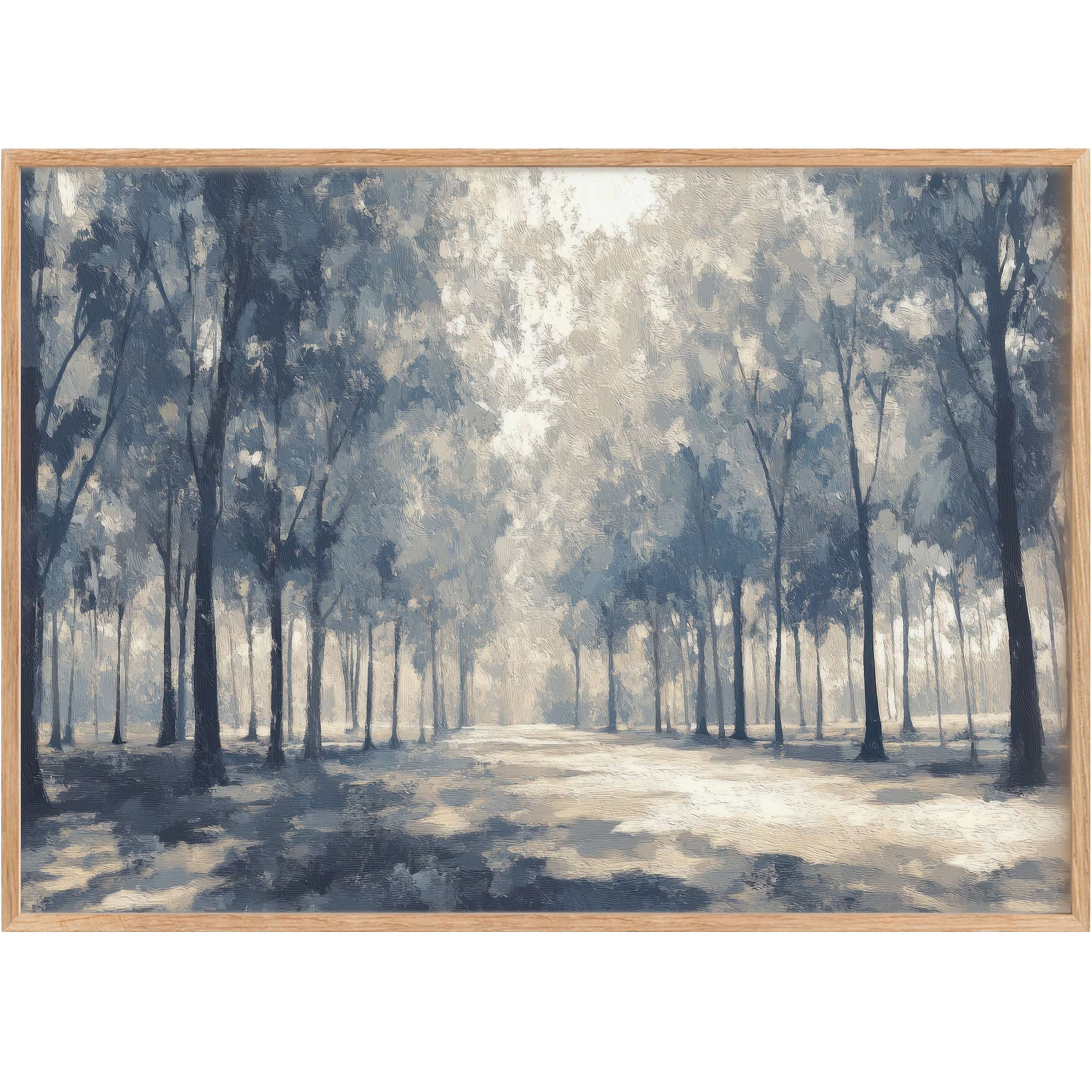 Serene tree printable wall art in muted blues and creams, evoking a tranquil, misty forest path perfect for refined, calming interiors