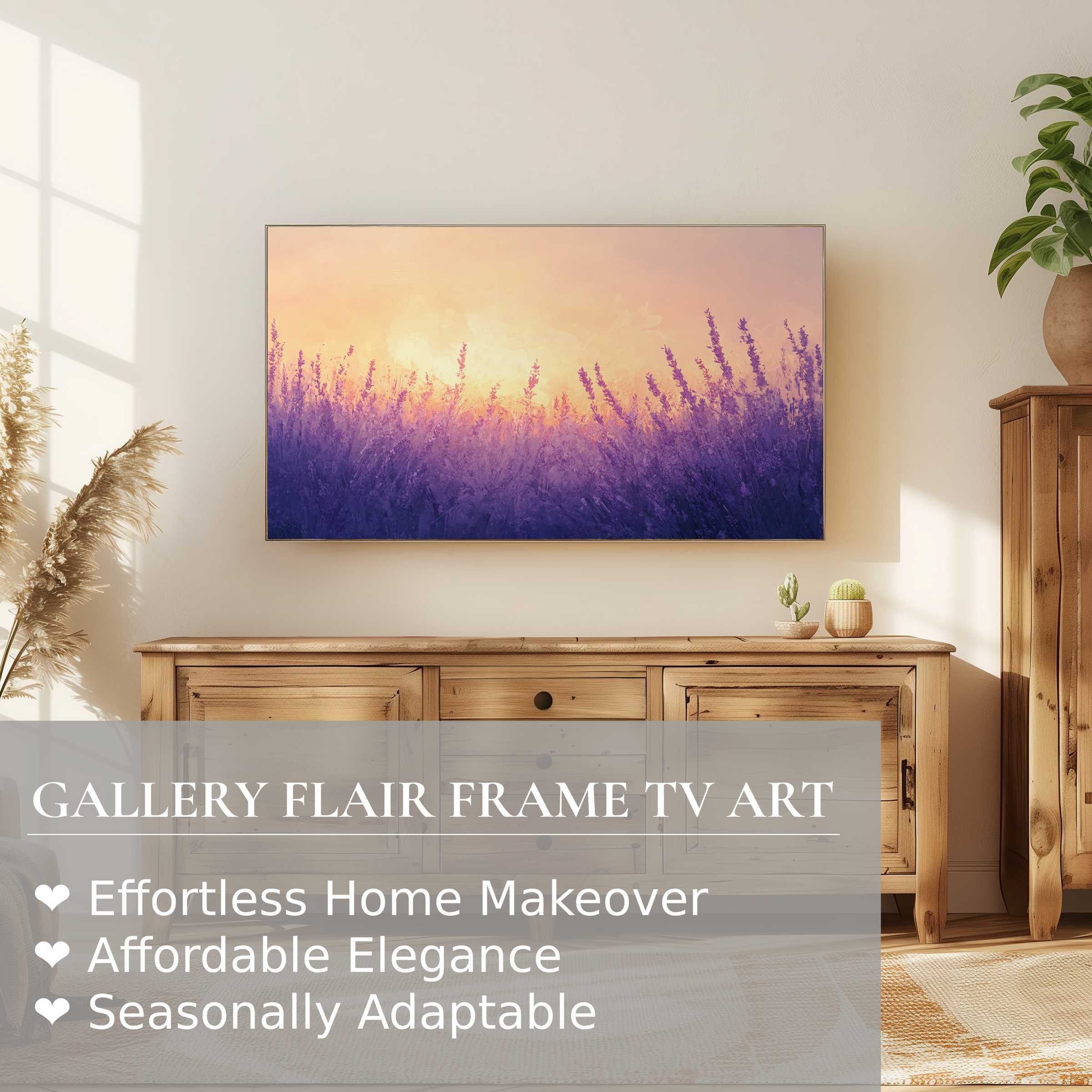 Samsung Frame TV showcases a refined summer digital artwork of lavender fields in warm pastel sunset hues