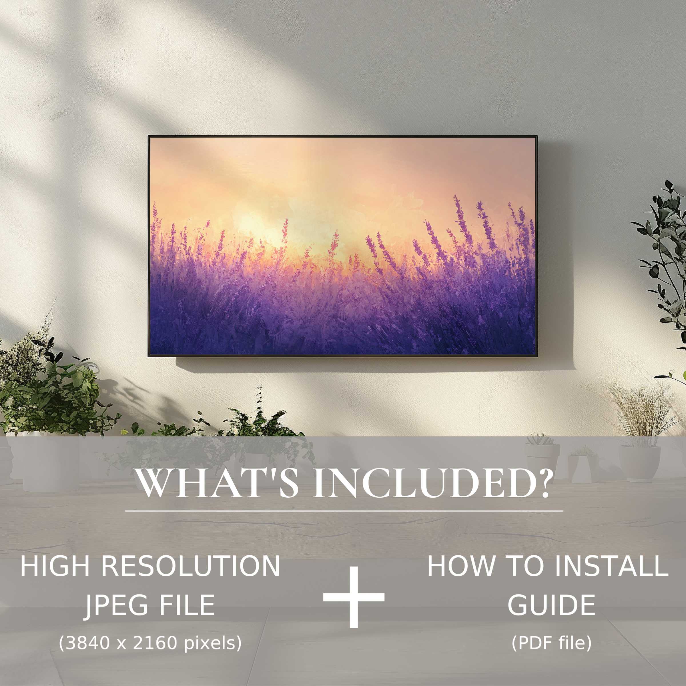 Elegant summer digital TV art download featuring serene lavender fields, enhancing modern living spaces with easy digital use