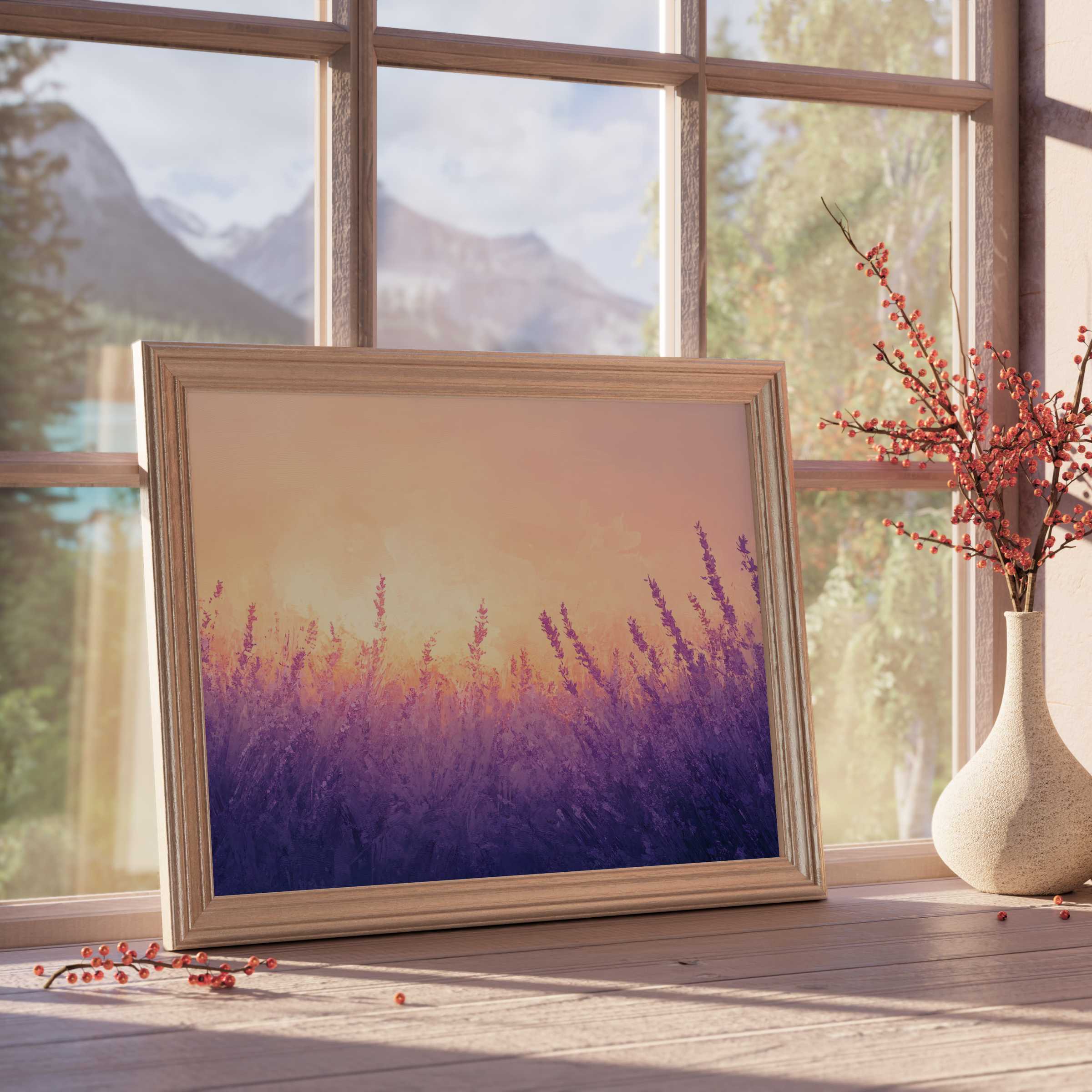 Summer downloadable art evokes serene lavender fields bathed in warm sunset hues, elevating tranquil, design-forward interiors