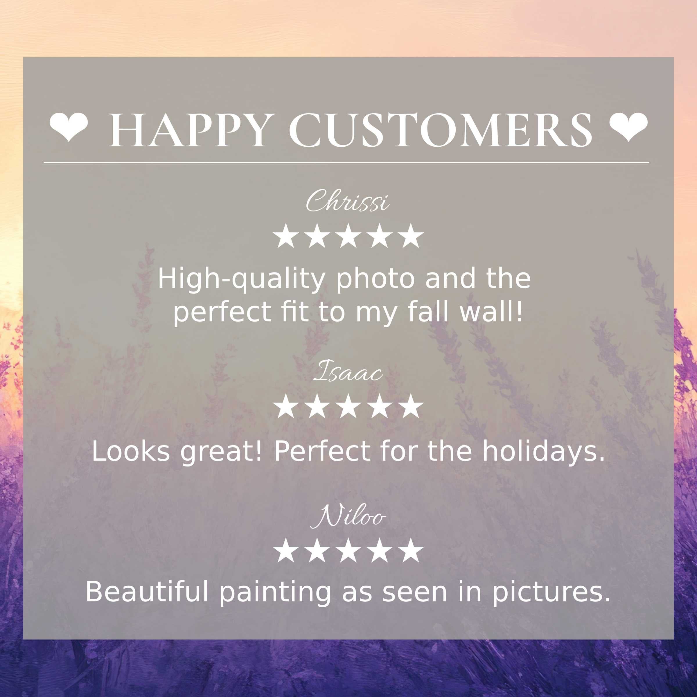 Summer art for Frame TV with abstract sunset hues and lavender; happy customer reviews build trust and highlight elegance