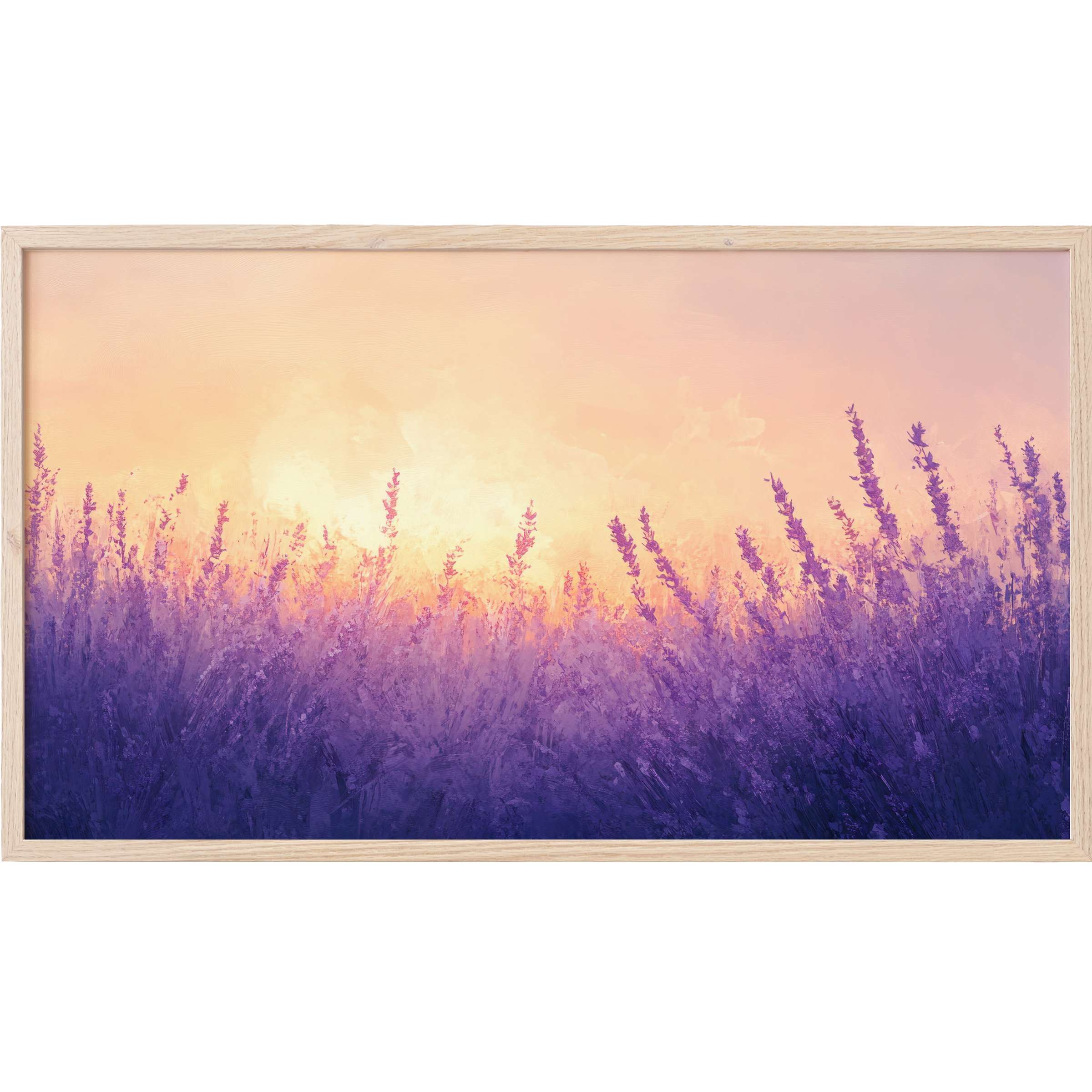 Elegant lavender field bathed in soft golden light, blending violet hues and warm pastels, summer Frame TV Art