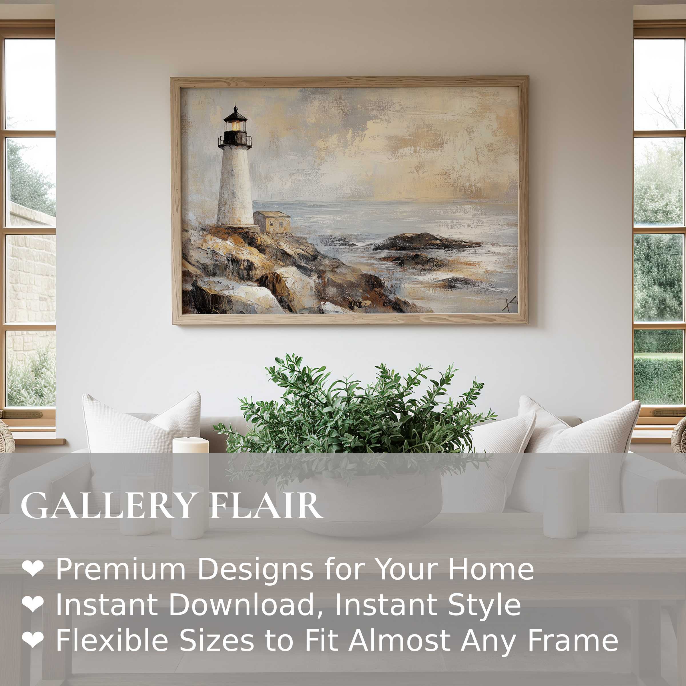 Coastal wall art print of a radiant lighthouse scene with soft, calming neutrals enhancing serene modern coastal decor