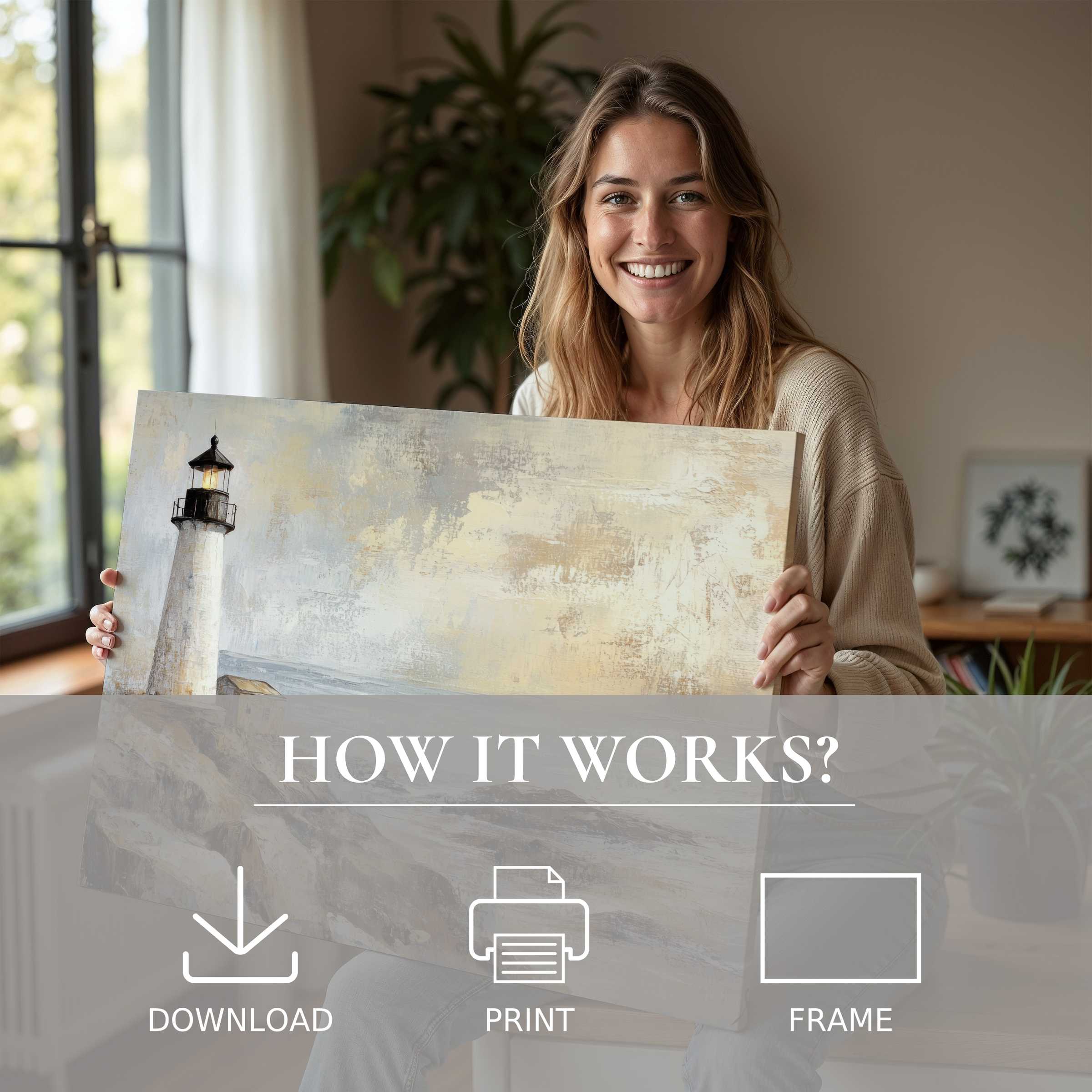 Coastal digital art print radiates serene warmth, capturing joyful moments in a modern, effortlessly elegant home